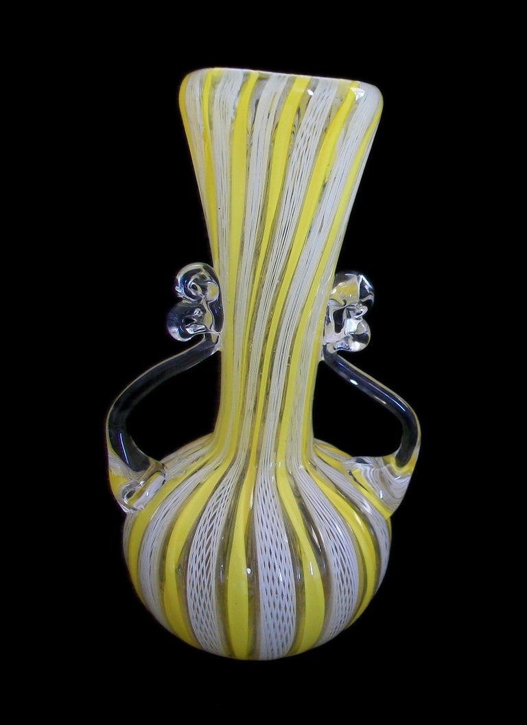 Mid Century Murano Latticino Twin Handled Glass Vase, Italy, Circa 1960