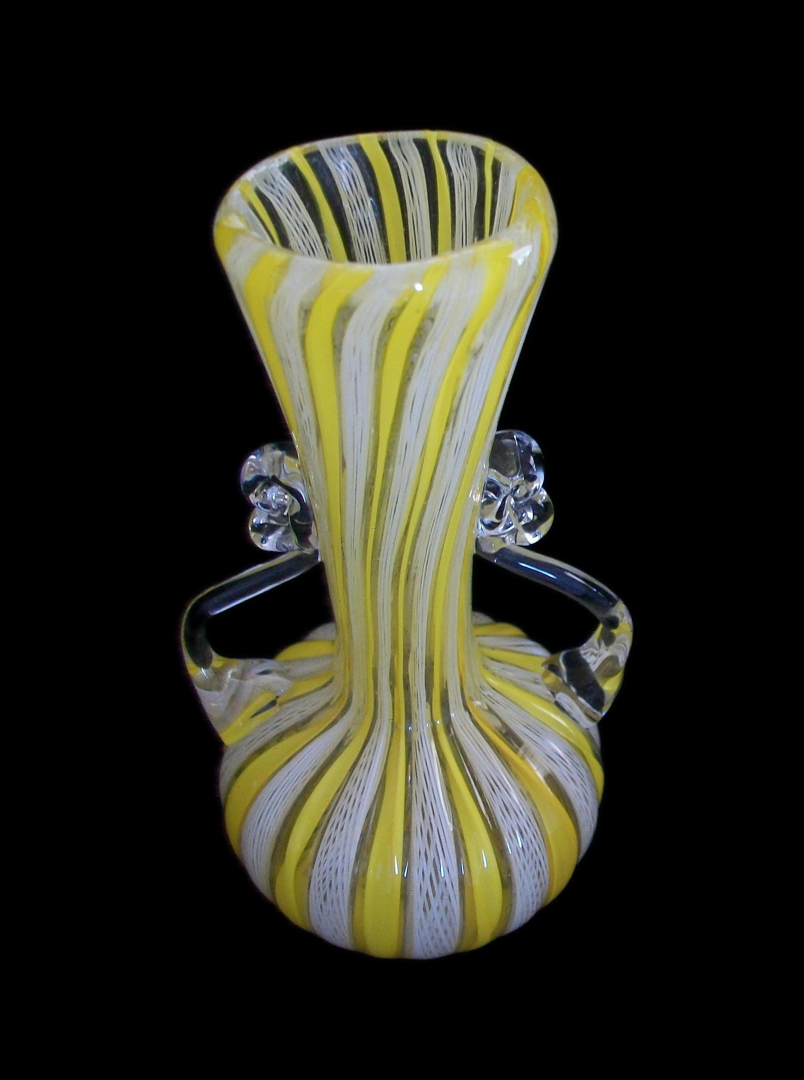 Hand-Crafted Mid Century Murano Latticino Twin Handled Glass Vase, Italy, Circa 1960's For Sale
