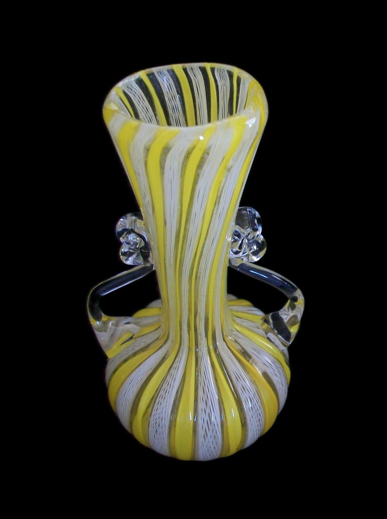 Mid Century Murano Latticino Twin Handled Glass Vase, Italy, Circa 1960