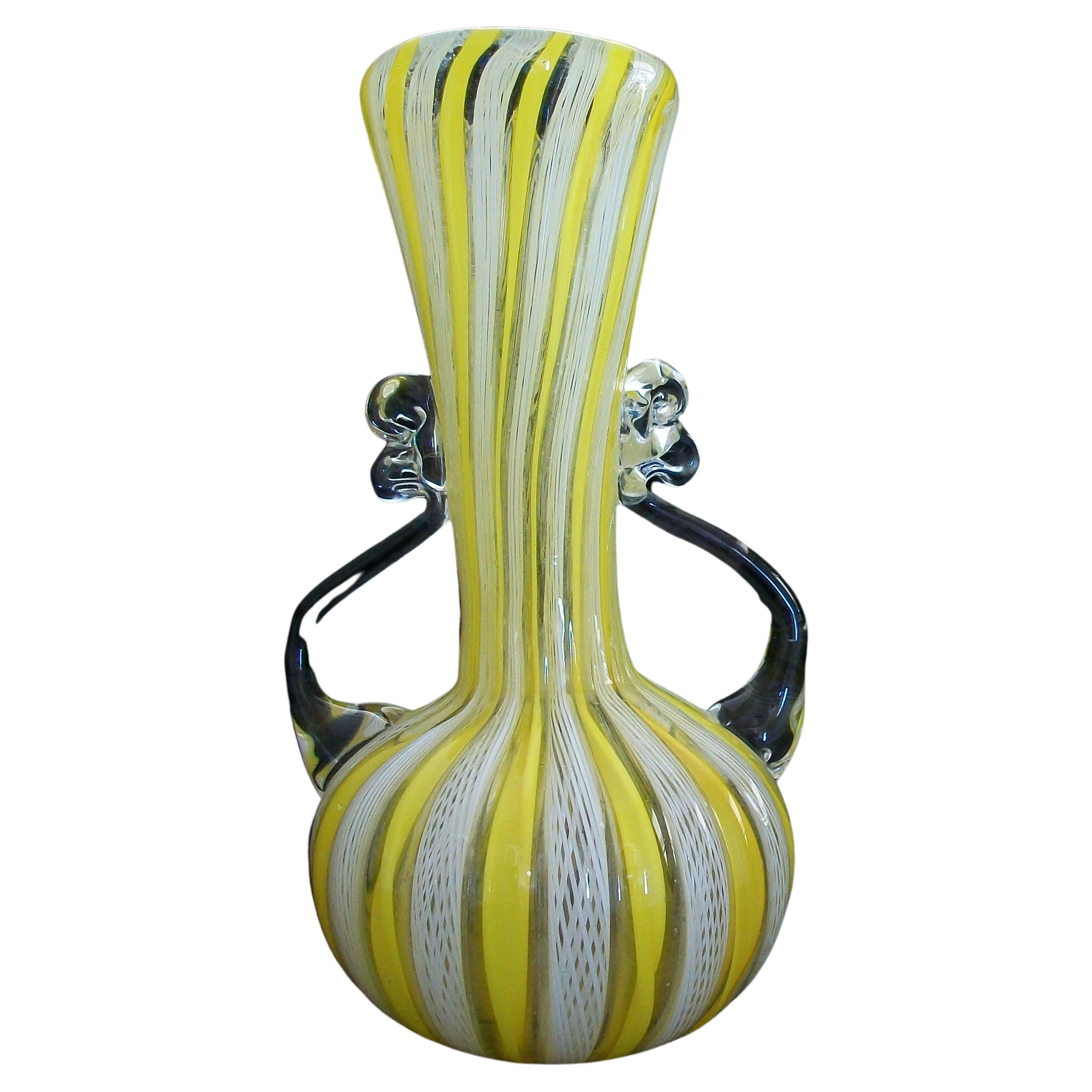 Mid Century Murano Latticino Twin Handled Glass Vase, Italy, Circa 1960's For Sale