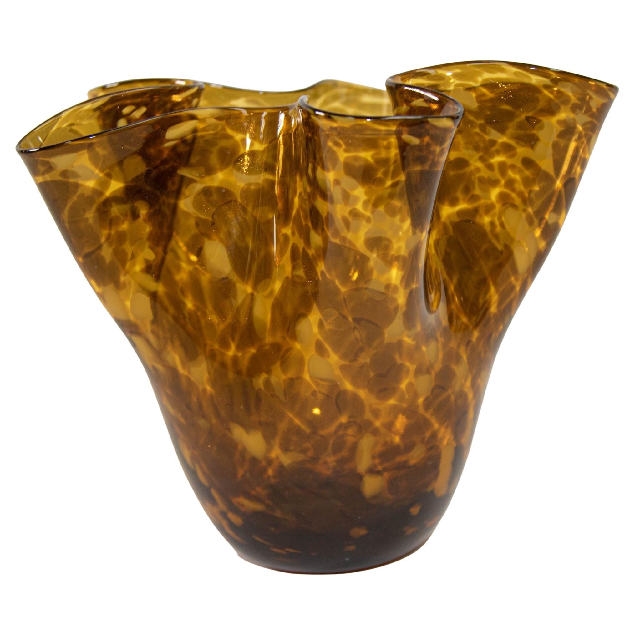 Mid-Century Murano Leopard Tortoise Shell Pattern Glass Handkerchief Vase, 1960 For Sale