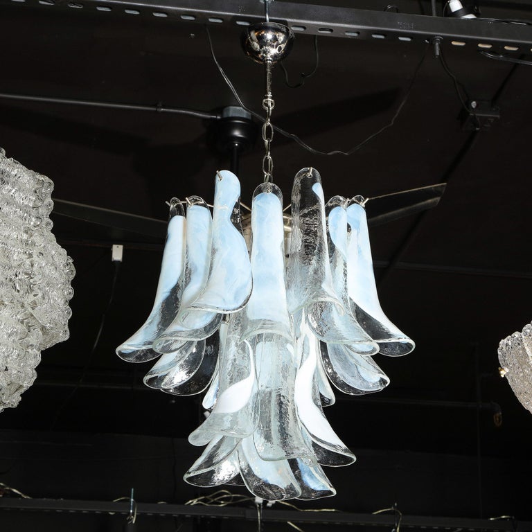 Mid Century Murano Opalescent Glass & Chrome Feather Chandelier by Mazzega For Sale 4