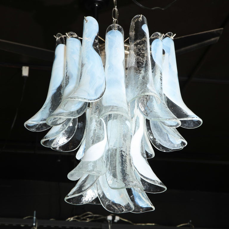 Mid Century Murano Opalescent Glass & Chrome Feather Chandelier by Mazzega For Sale 5
