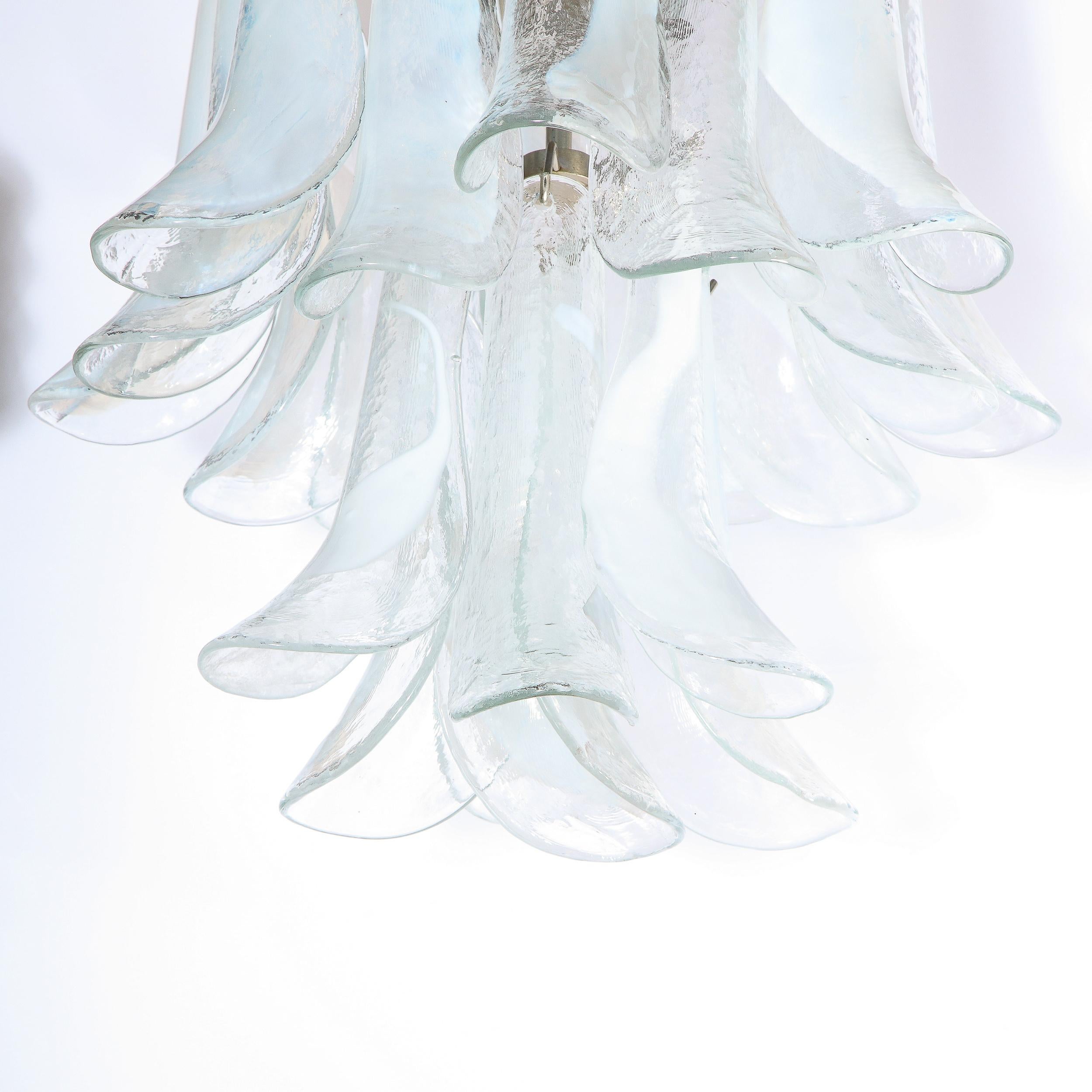 Mid Century Murano Opalescent Glass & Chrome Feather Chandelier by Mazzega In Excellent Condition In New York, NY