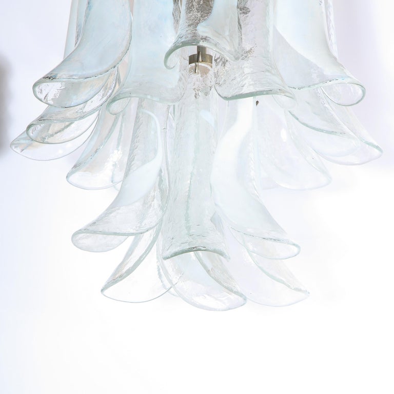 Mid Century Murano Opalescent Glass & Chrome Feather Chandelier by Mazzega In Excellent Condition For Sale In New York, NY