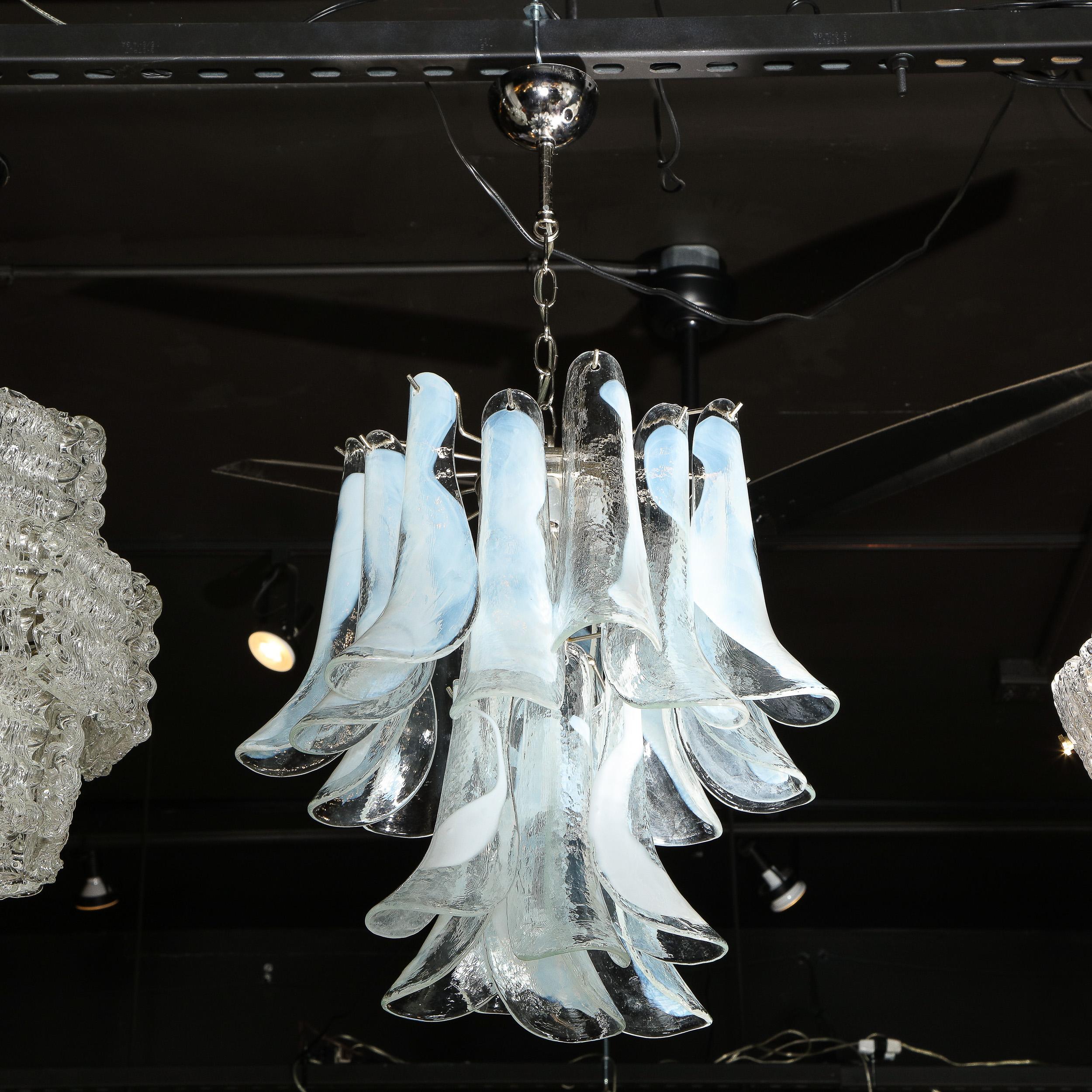 Murano Glass Mid Century Murano Opalescent Glass & Chrome Feather Chandelier by Mazzega