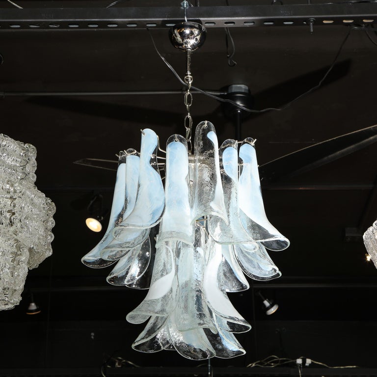 Murano Glass Mid Century Murano Opalescent Glass & Chrome Feather Chandelier by Mazzega For Sale