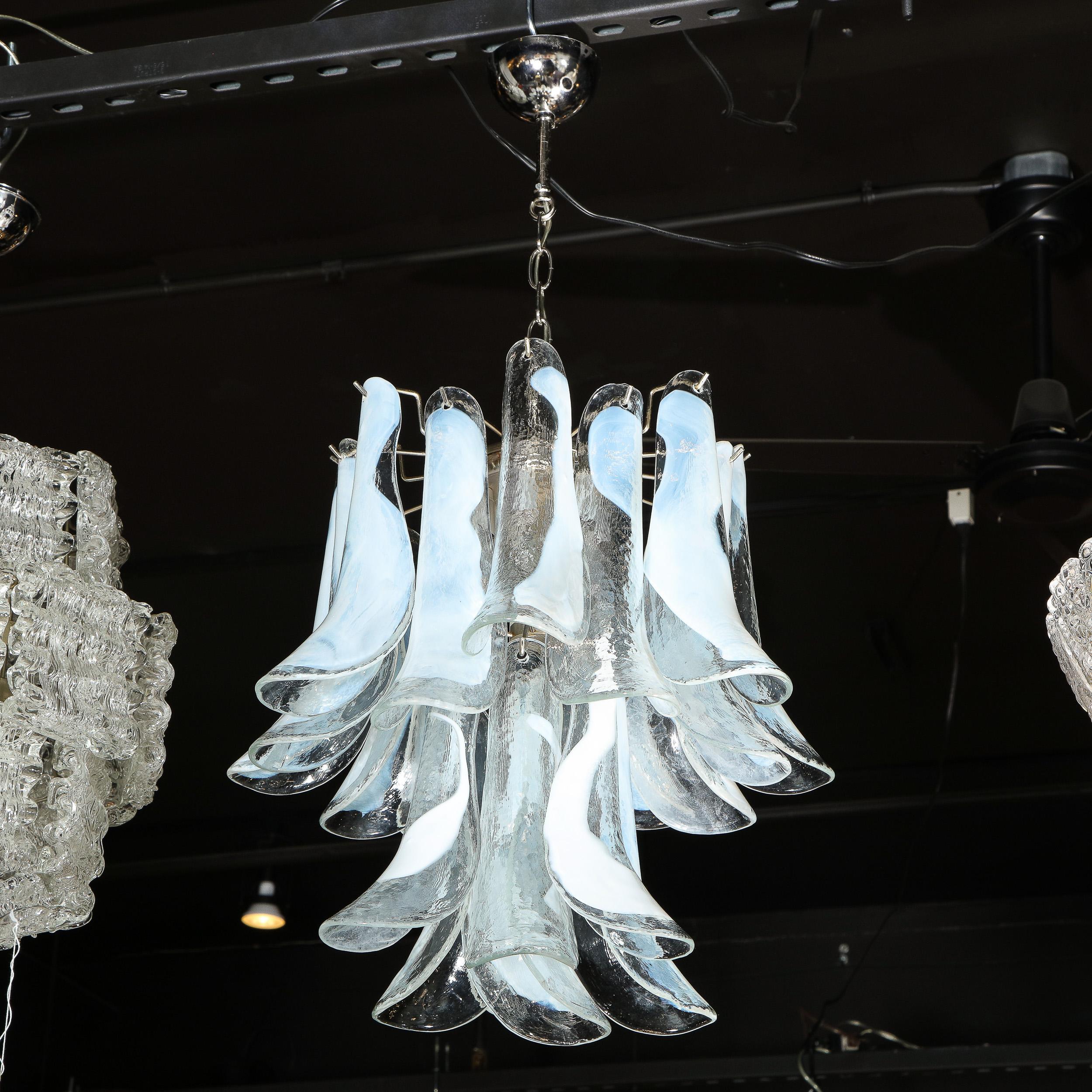 Mid Century Murano Opalescent Glass & Chrome Feather Chandelier by Mazzega 1