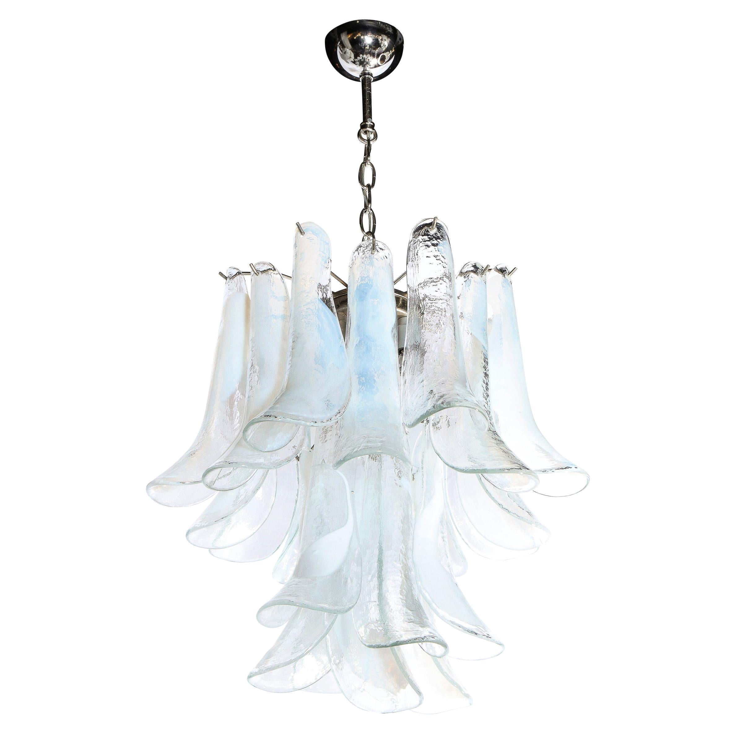 Mid Century Murano Opalescent Glass & Chrome Feather Chandelier by Mazzega