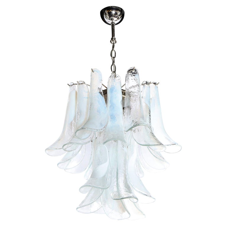 Mid Century Murano Opalescent Glass & Chrome Feather Chandelier by Mazzega For Sale