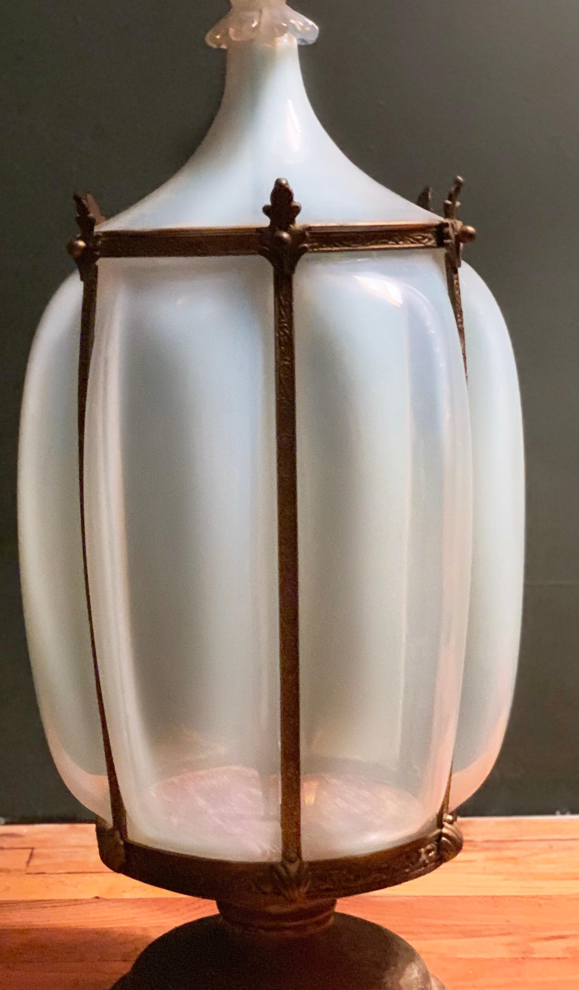 Mid-Century Modern Murano Opaline Caged Art Glass Monumental Table Floor Lamp Regency For Sale