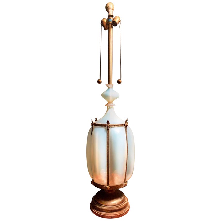 Midcentury Barovier and Toso Murano opaline caged art glass monumental table or floor lamp. Monumental!