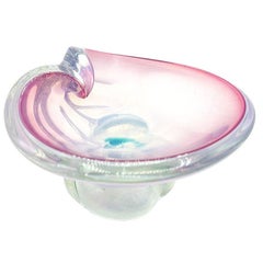 Mid-Century Murano Peacock Art Glass Pedestal Ashtray w/ Pink Pastel Swirl