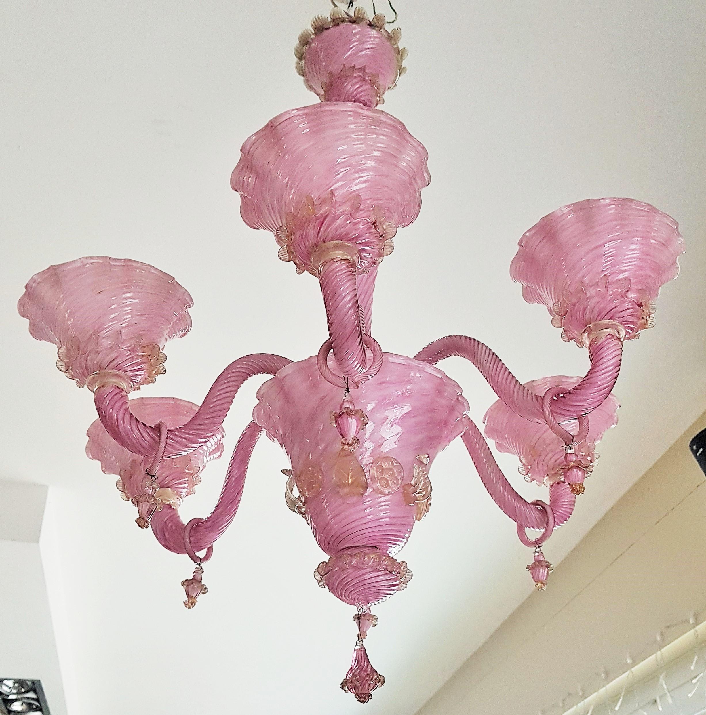 Mid Century Murano Pink Glass Chandelier, Italie 1960s For Sale 2