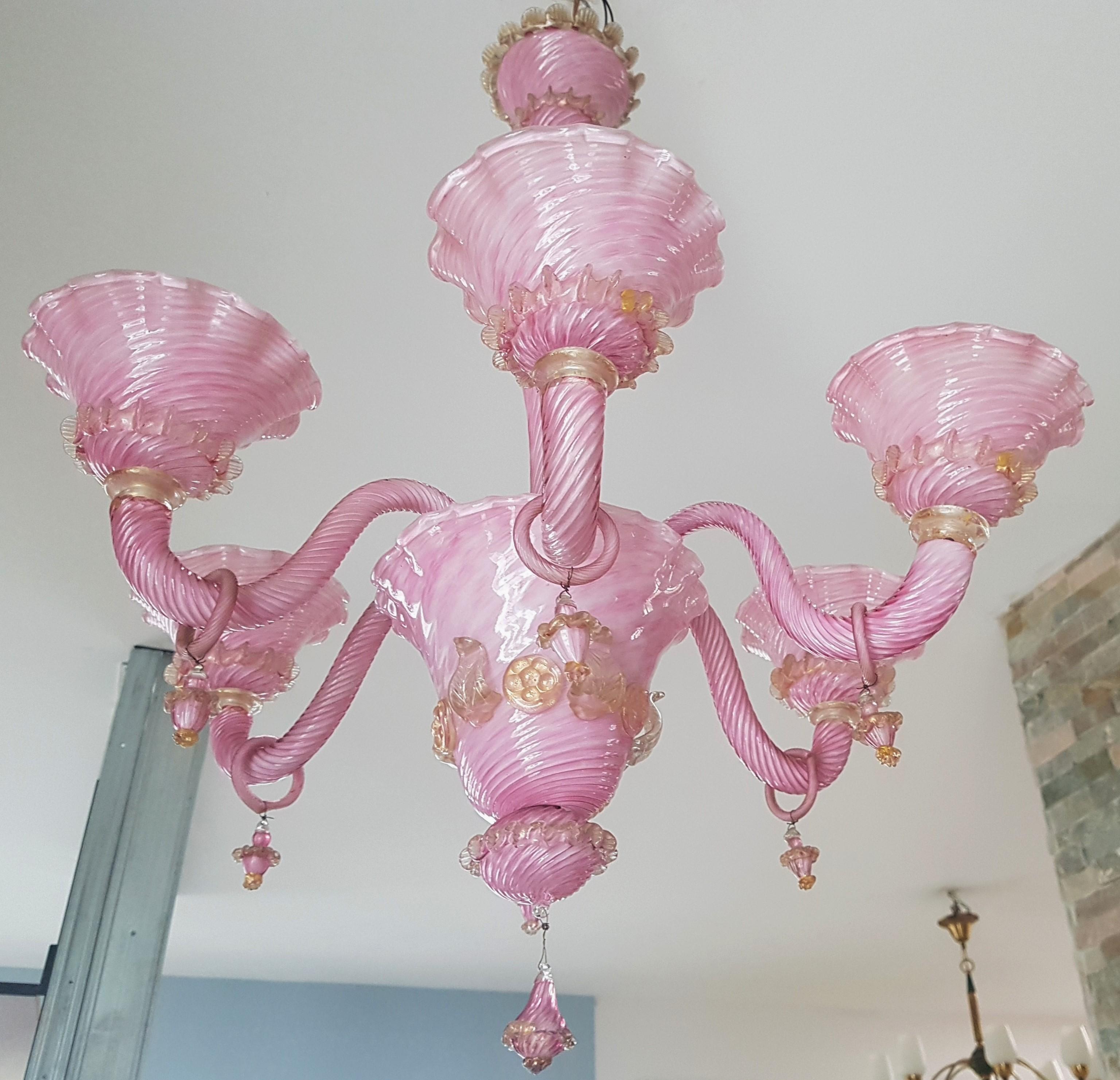 Mid Century Murano Pink Glass Chandelier, Italie 1960s For Sale 3
