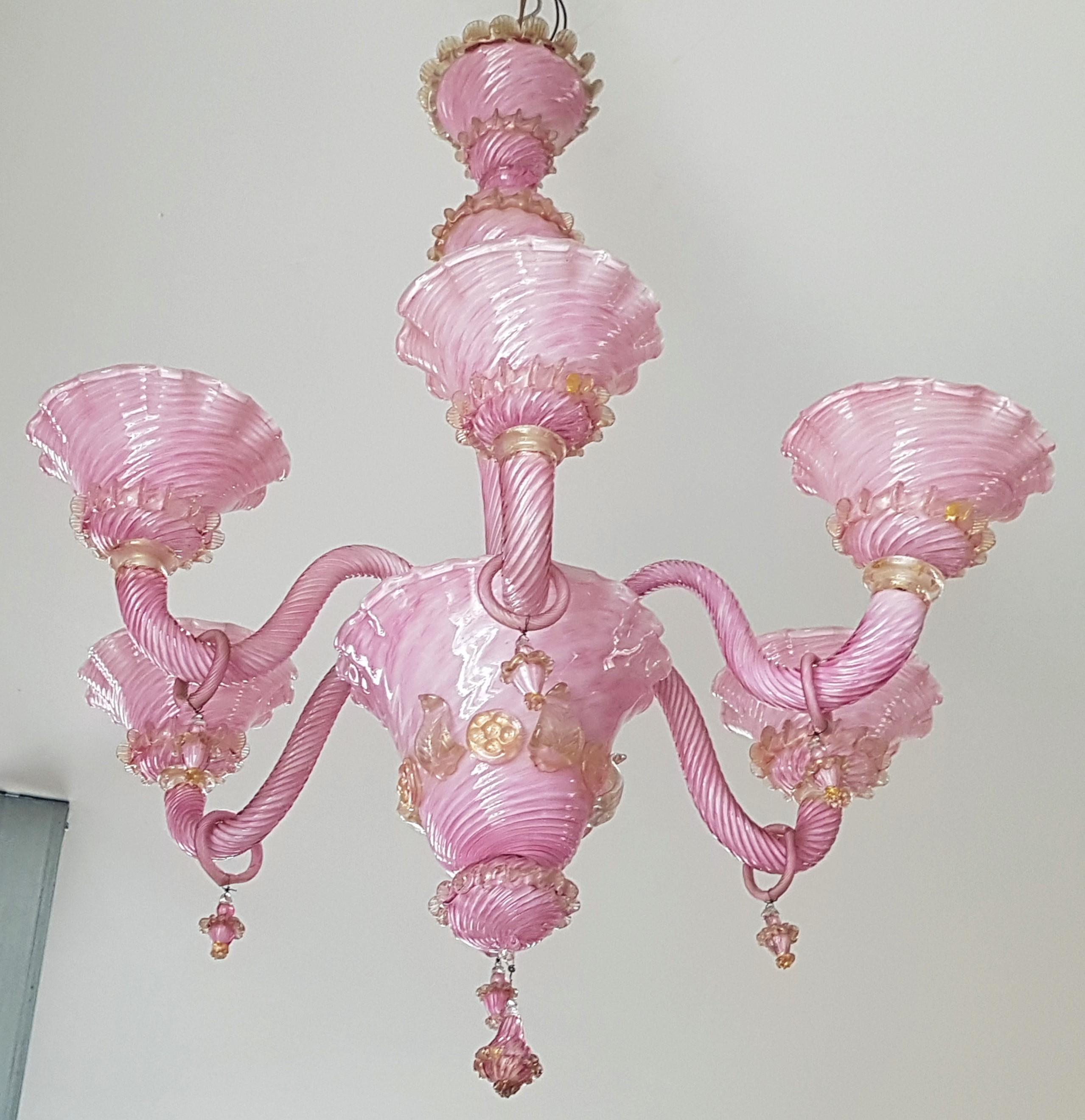 Mid Century Murano Pink Glass Chandelier, Italie 1960s For Sale 8
