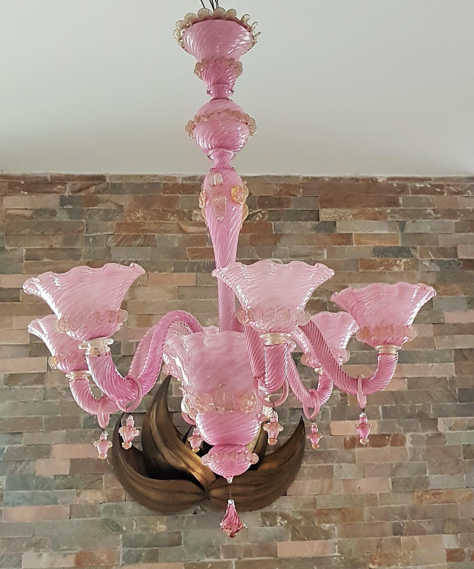 Milieu du XXe siècle Lustre en verre de Murano rose du milieu du siècle dernier, Italie, années 1960 en vente