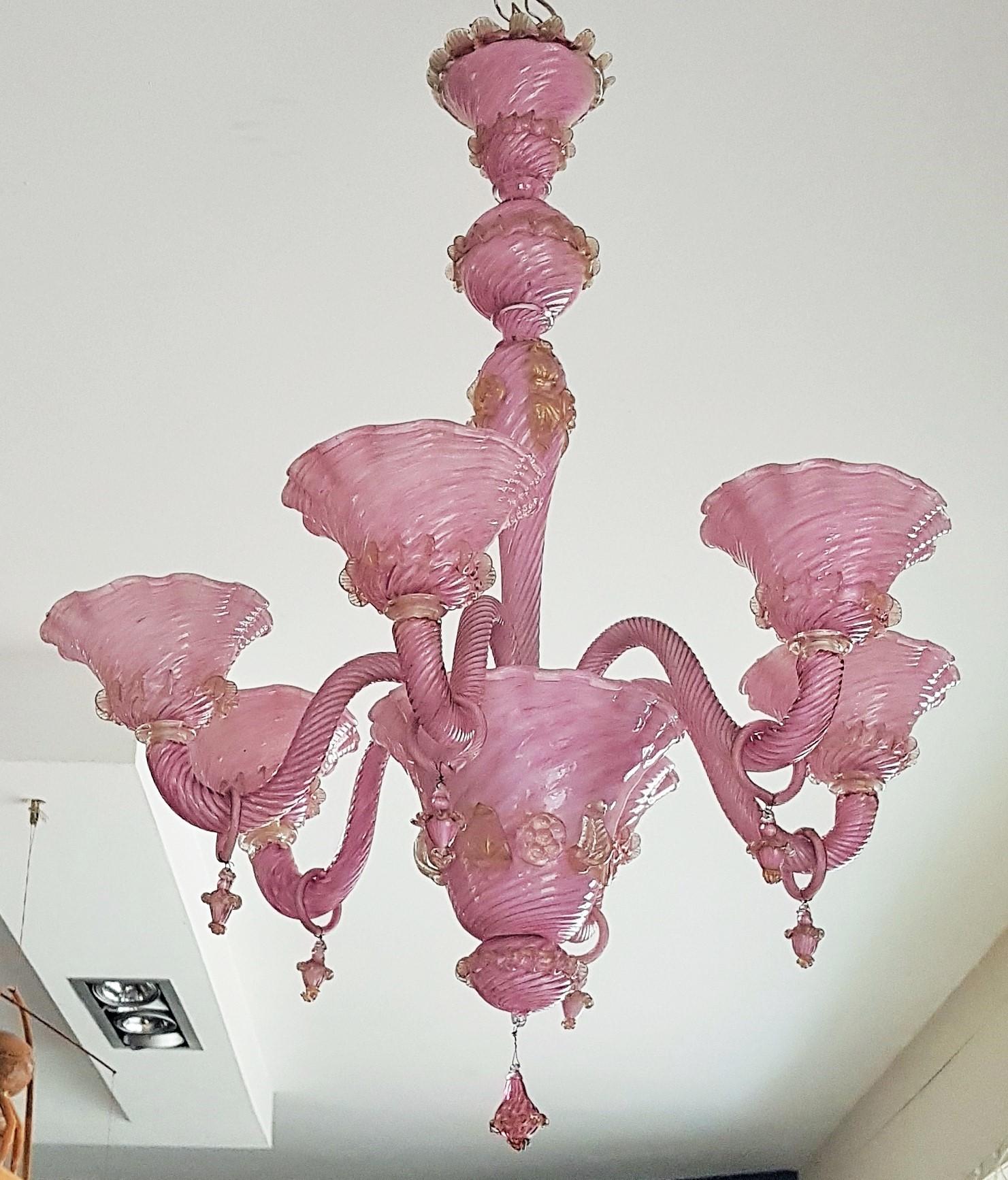 Mid Century Murano Pink Glass Chandelier, Italie 1960s For Sale 1