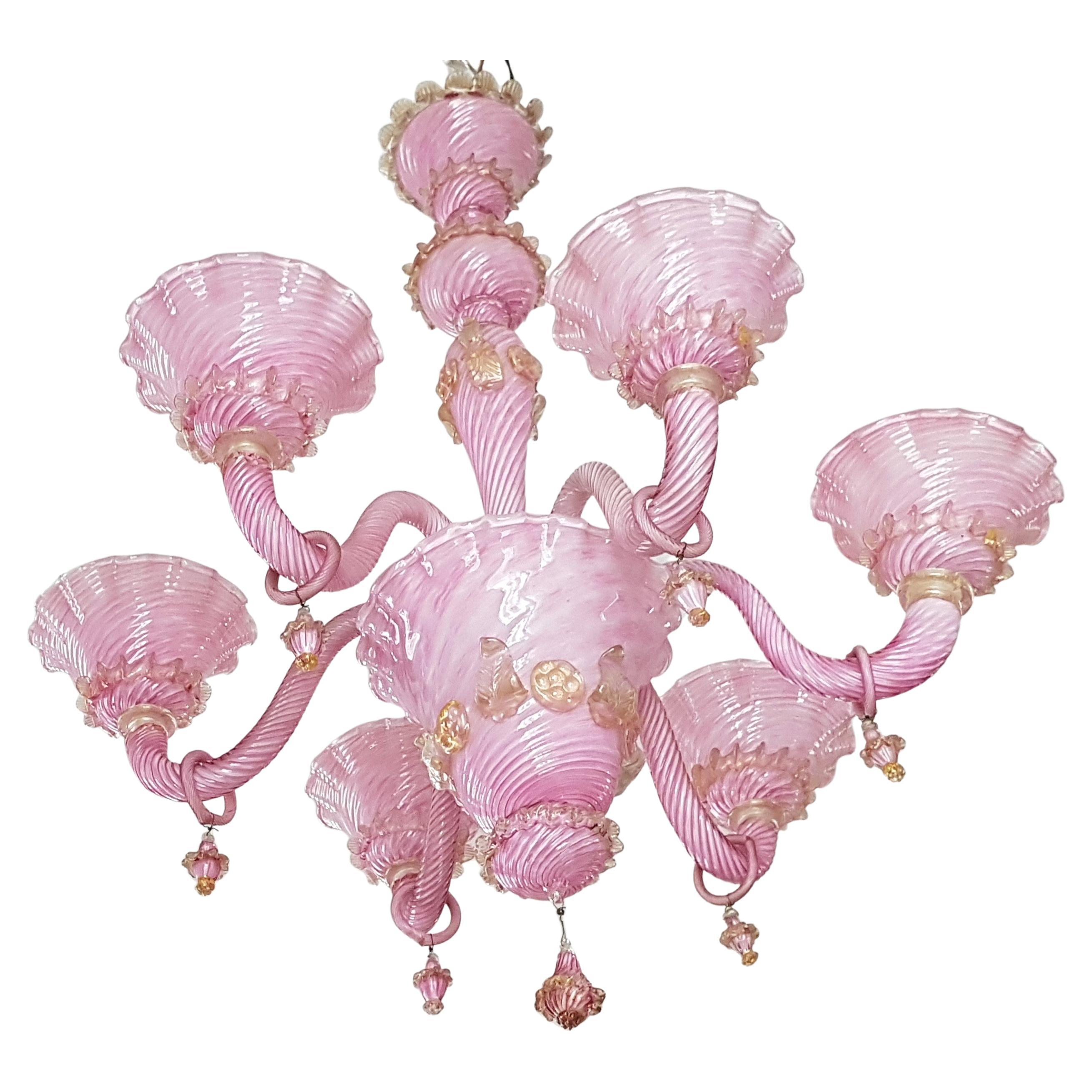 Mid Century Murano Pink Glass Chandelier, Italie 1960s For Sale