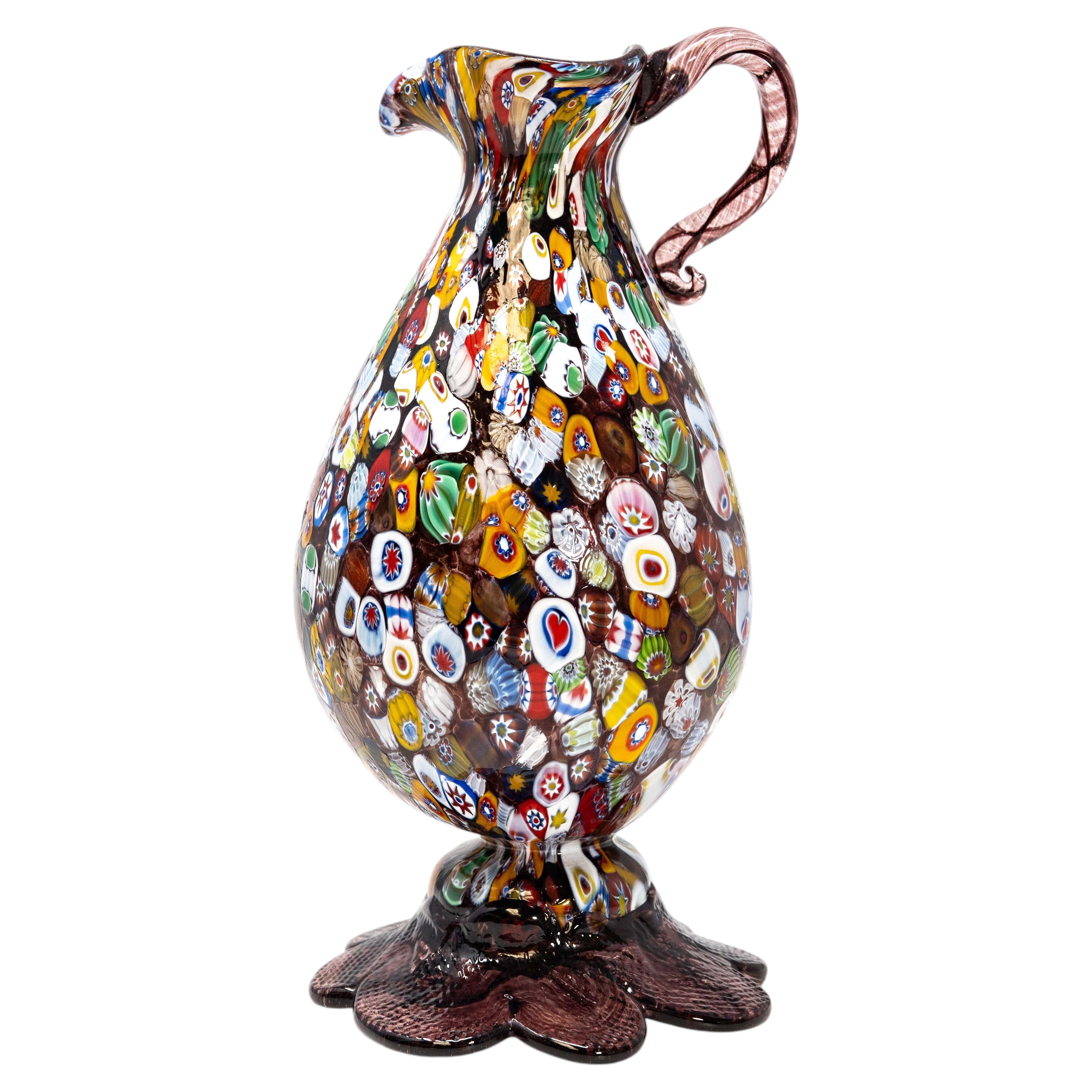 Mid-Century Murano Polychrome Millefiori Glass Ewer Vase with Aventurine Highlig For Sale