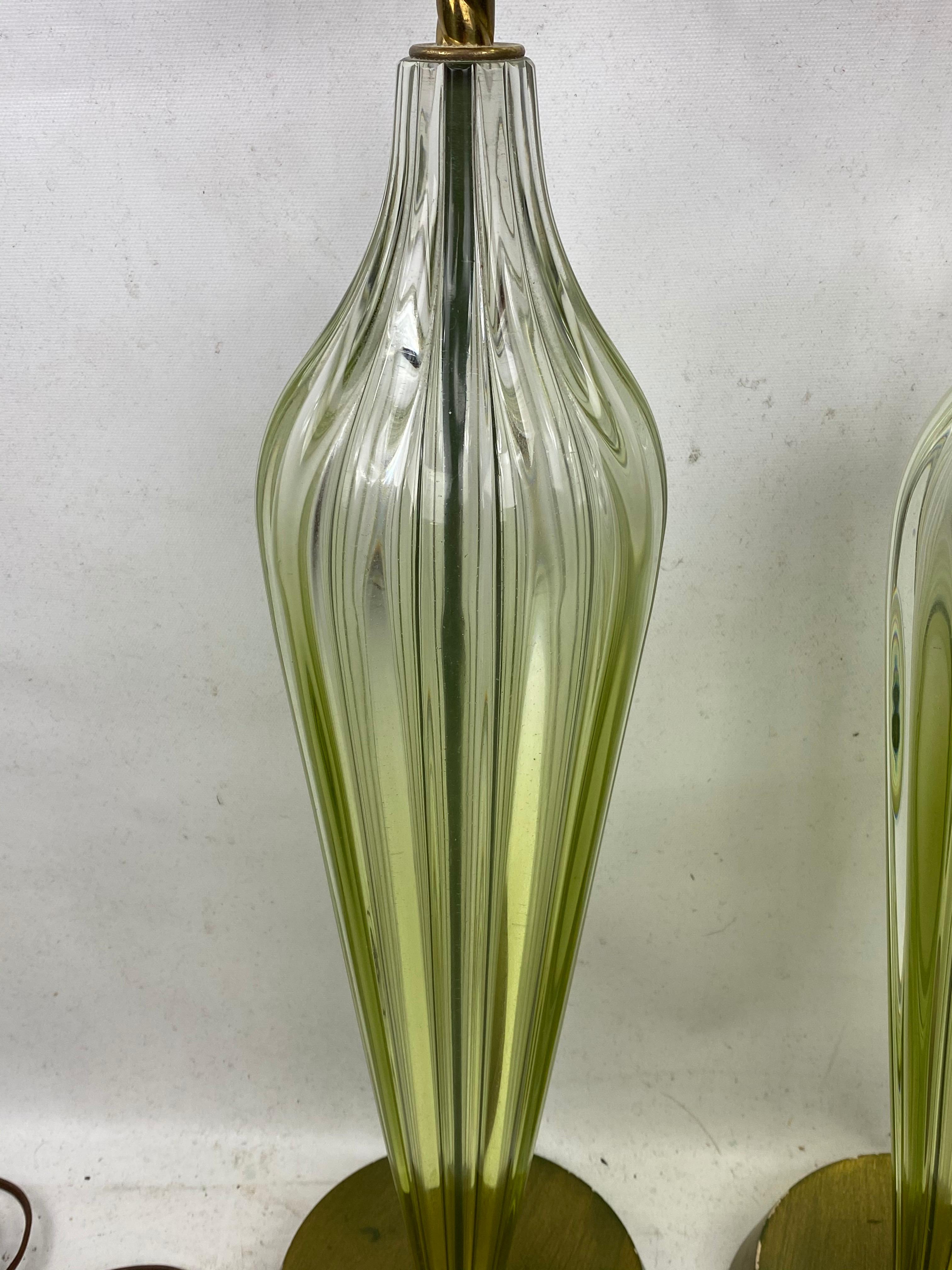 Mid-Century Modern Midcentury Murano Seguso Green Ribbed Art Glass Lamps, a Pair