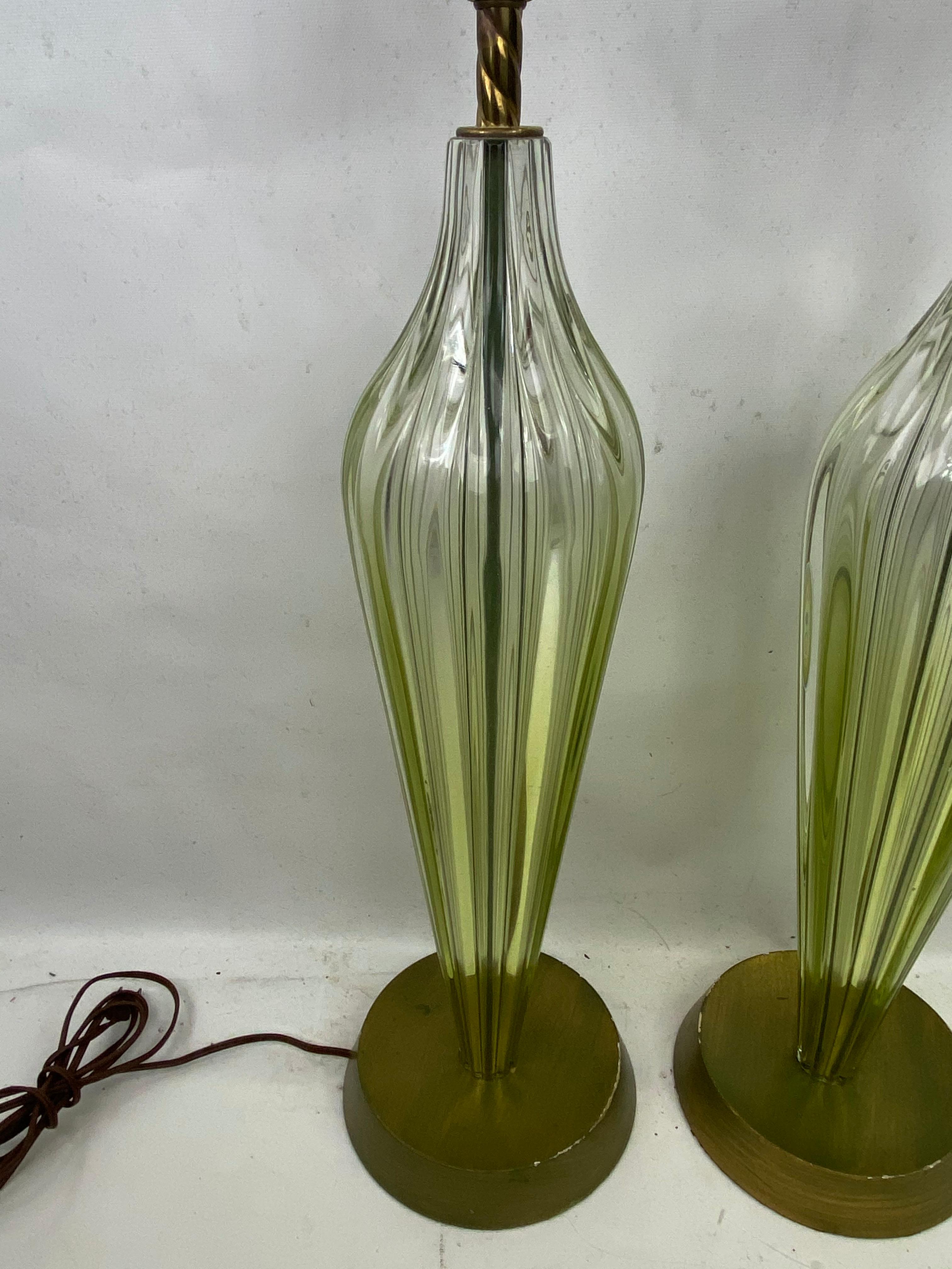 Mid-20th Century Midcentury Murano Seguso Green Ribbed Art Glass Lamps, a Pair