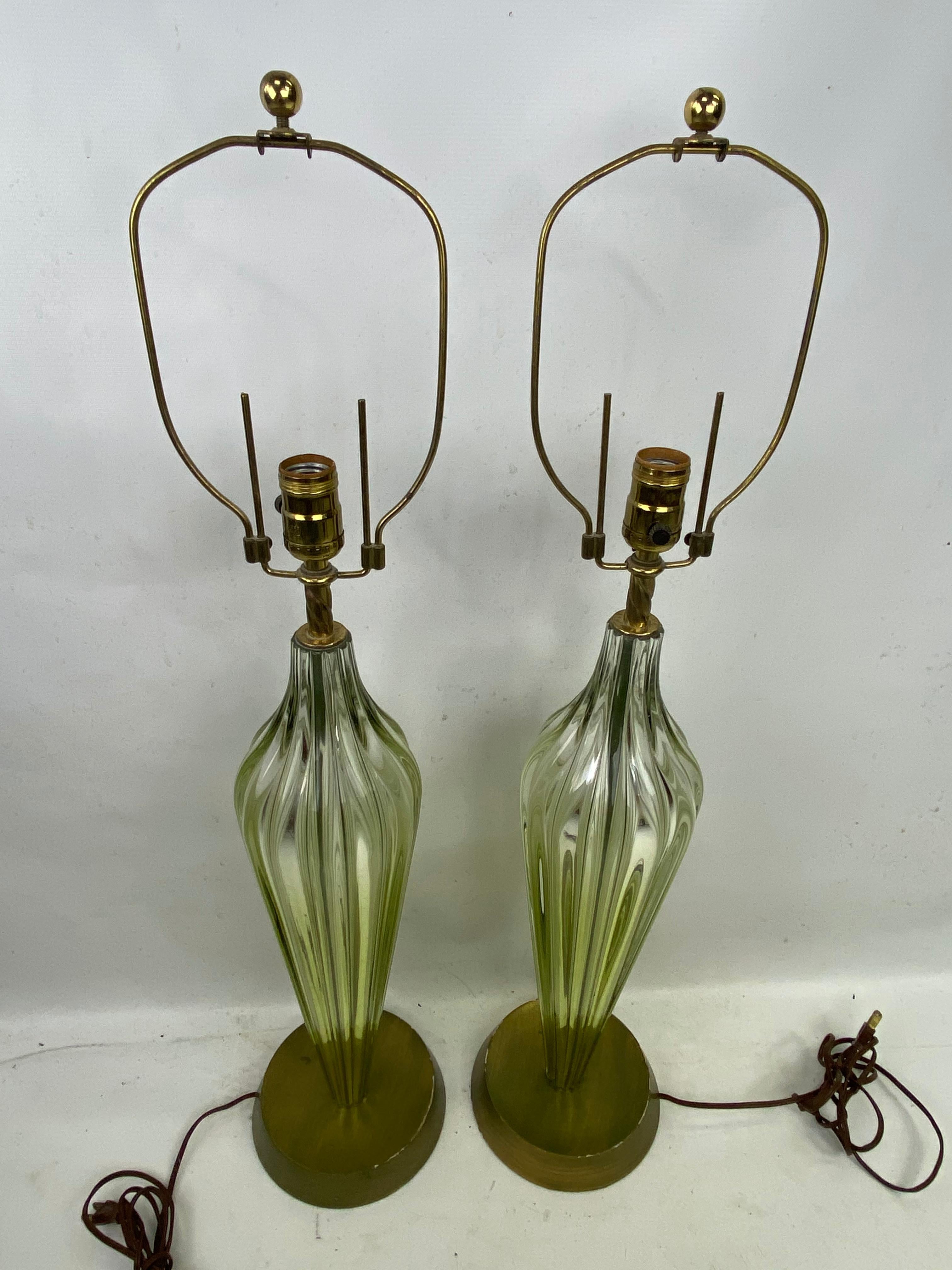 Midcentury Murano Seguso Green Ribbed Art Glass Lamps, a Pair 1