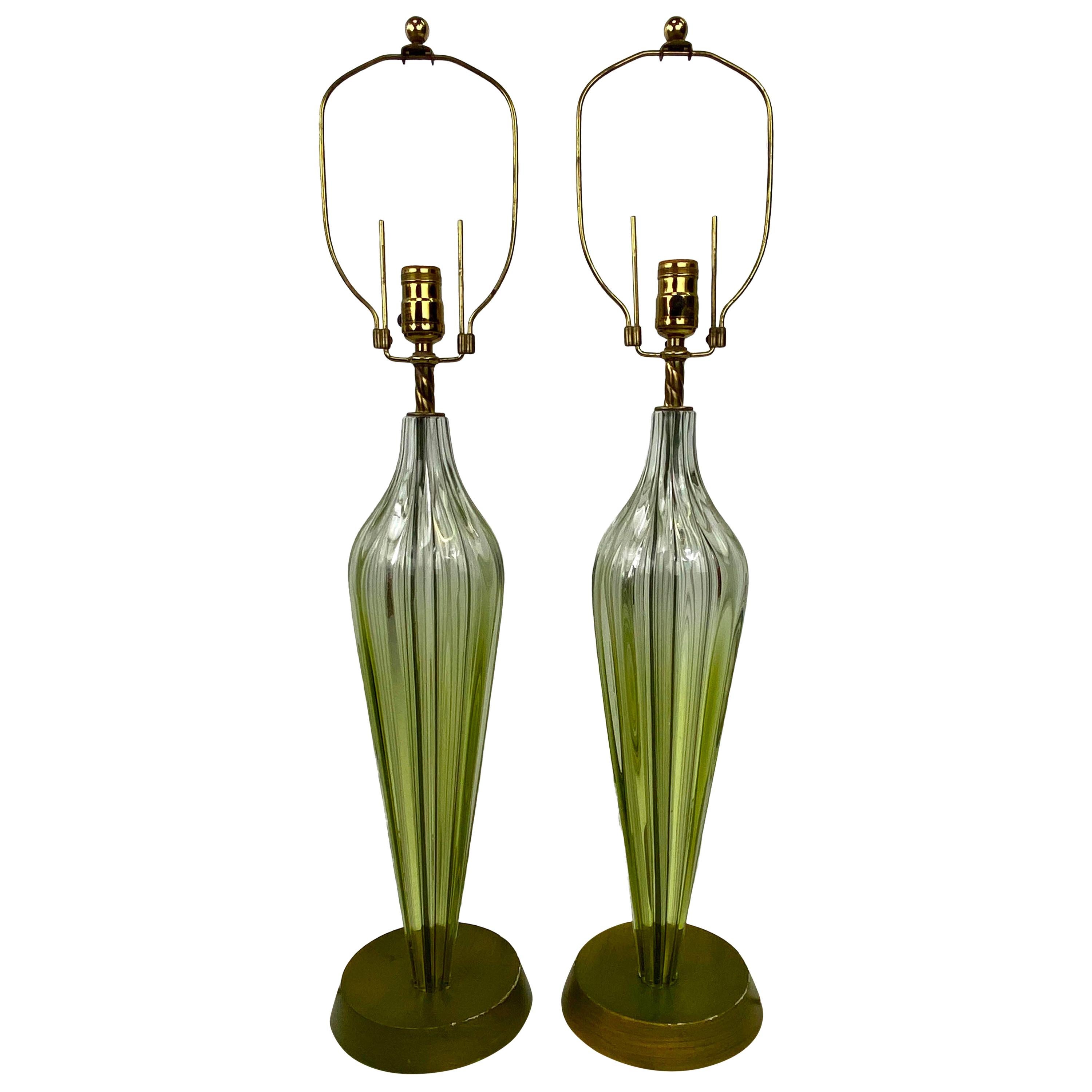 Midcentury Murano Seguso Green Ribbed Art Glass Lamps, a Pair