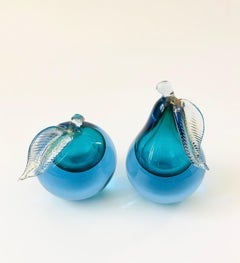 Mid Century Murano Sommerso Art Glass Apple and Pear Bookends by Alfredo Barbini