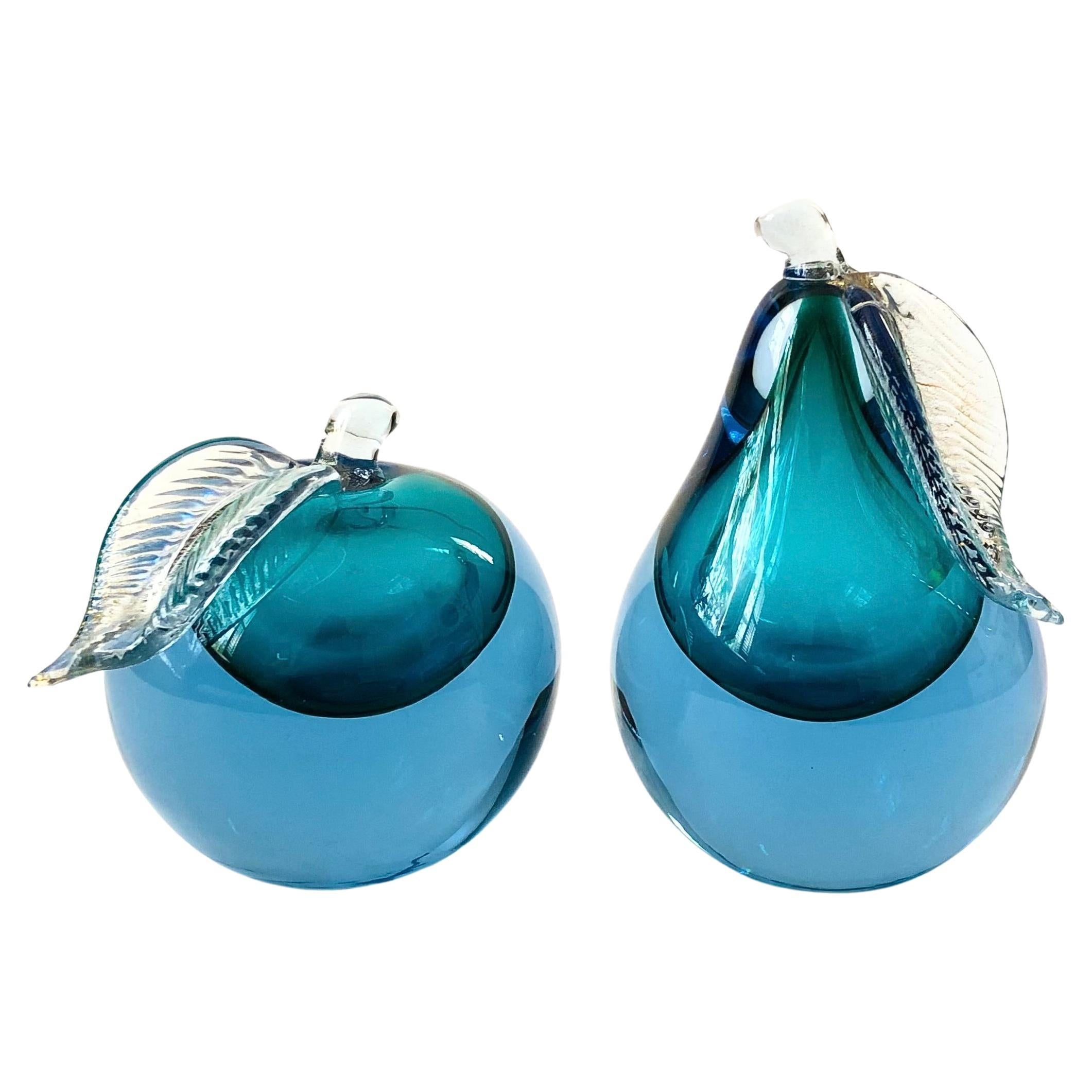 Mid Century Murano Sommerso Art Glass Apple and Pear Bookends by Alfredo Barbini
