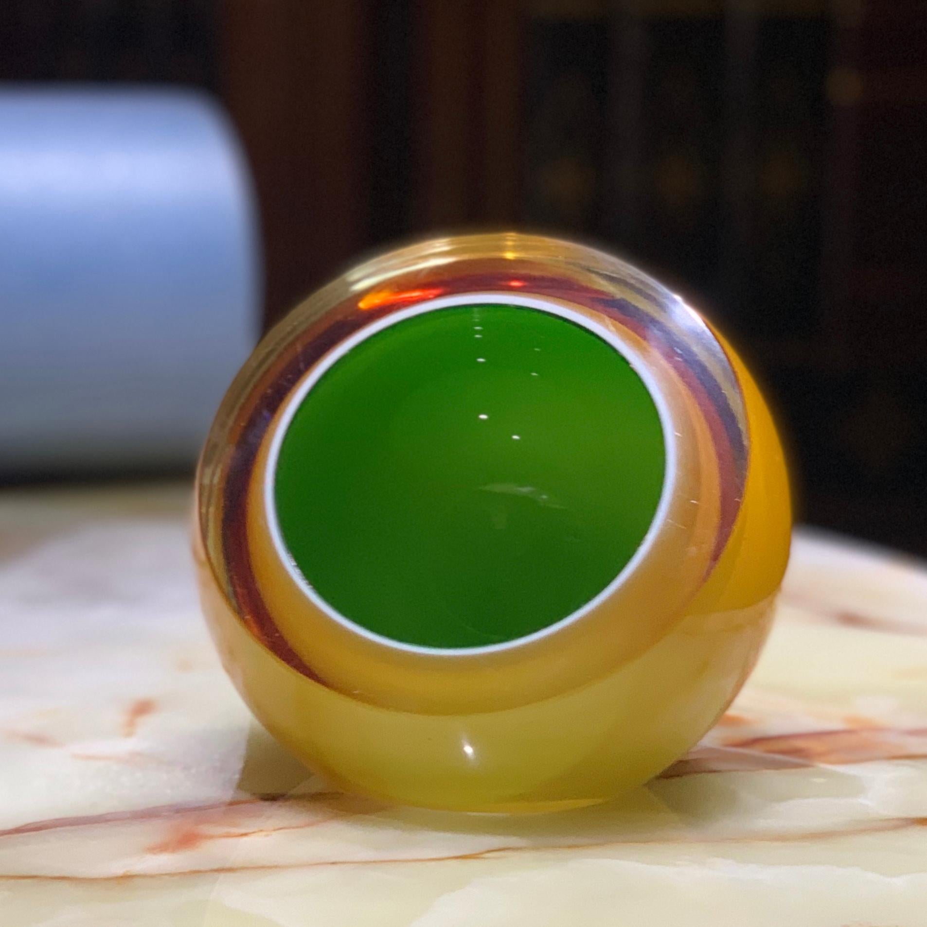 Midcentury Murano Sommerso art glass geode bowl, Barbini, yellow amber and green. Gorgeous substantial midcentury piece.