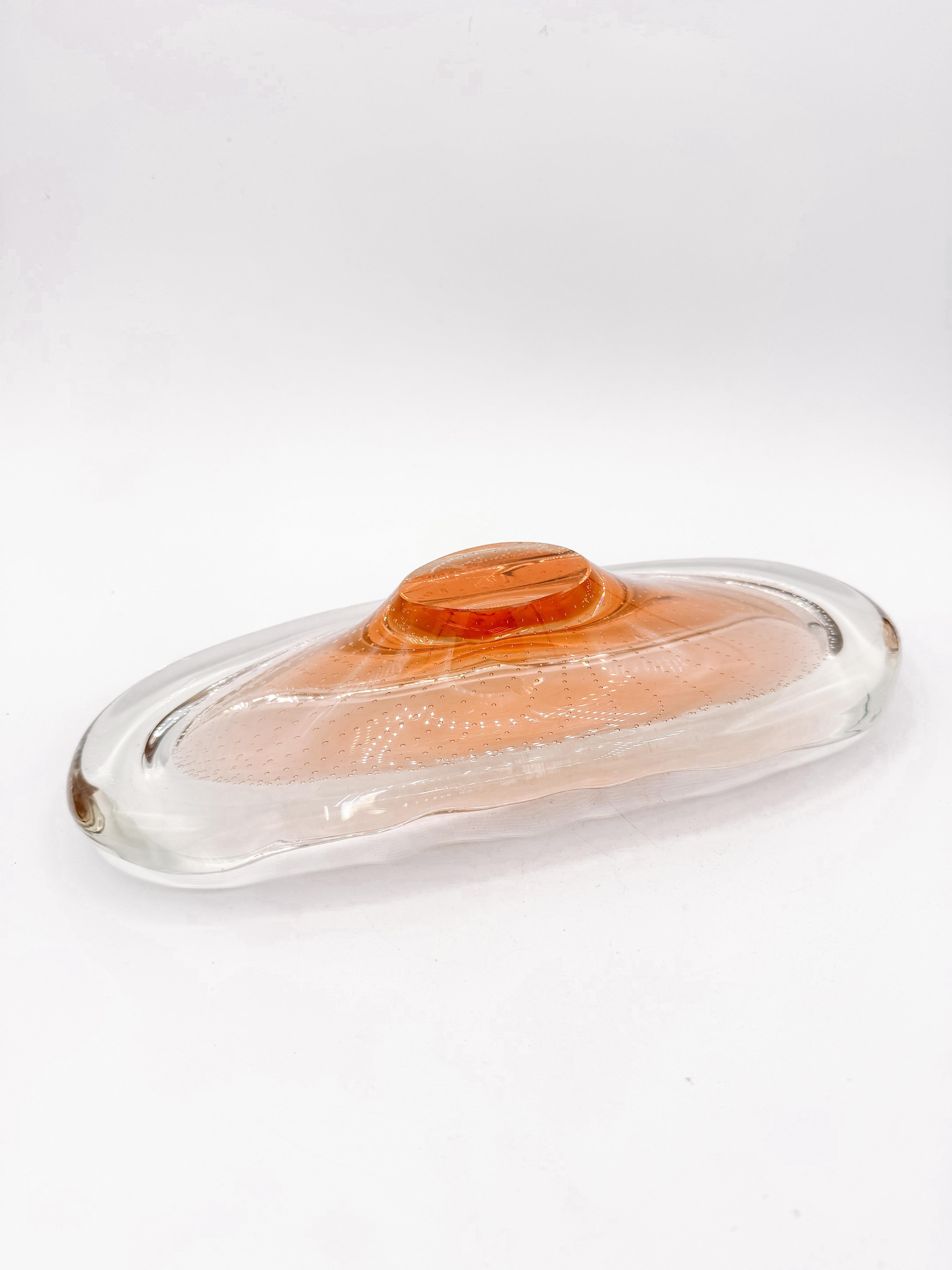 Hand-Crafted Mid-Century Murano Thick Glass Vide-Poche with Controlled Bubbles Catchall For Sale