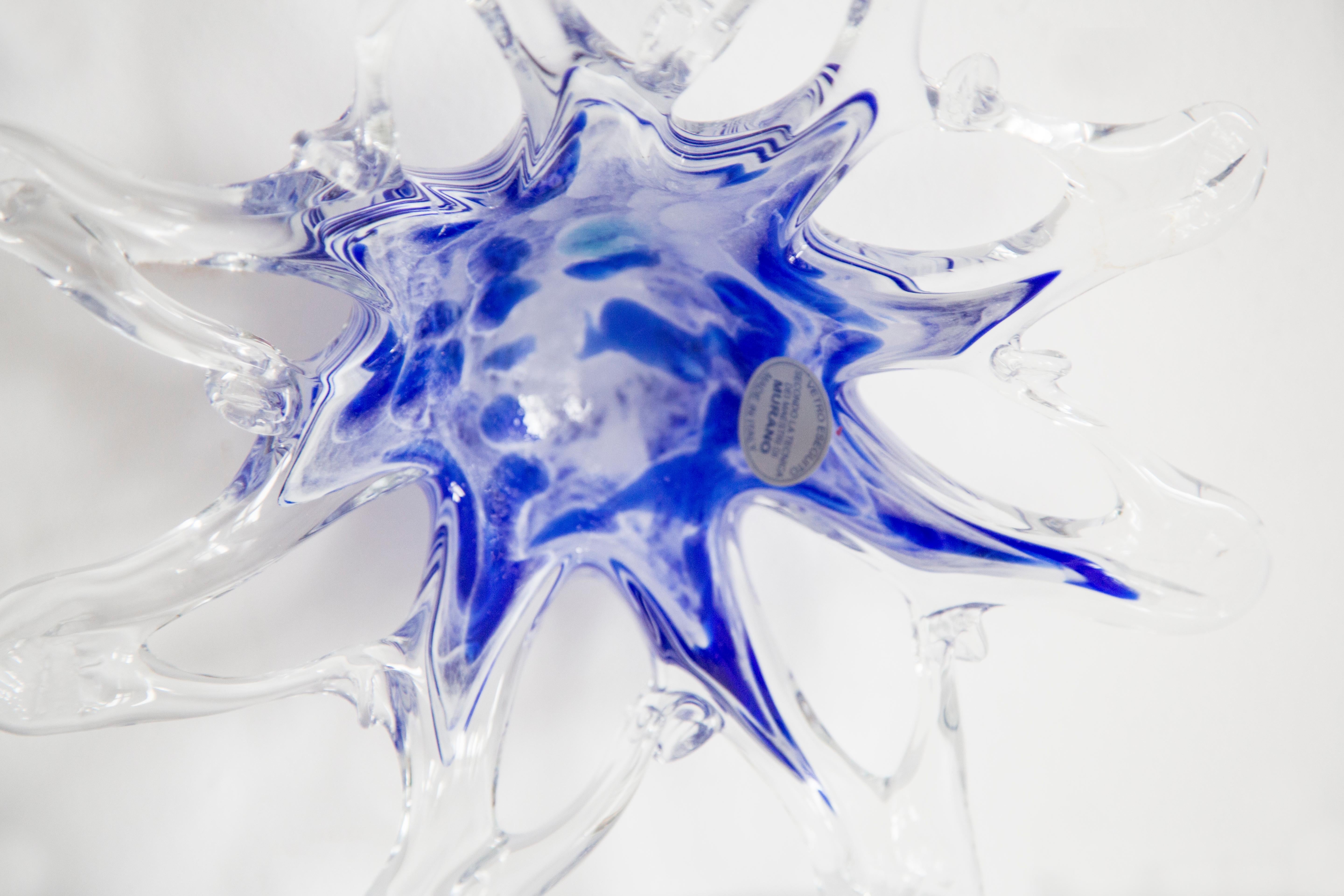 Mid Century Murano Transparent Blue and White Glass Bowl Ashtray, Italy, 1970s 5