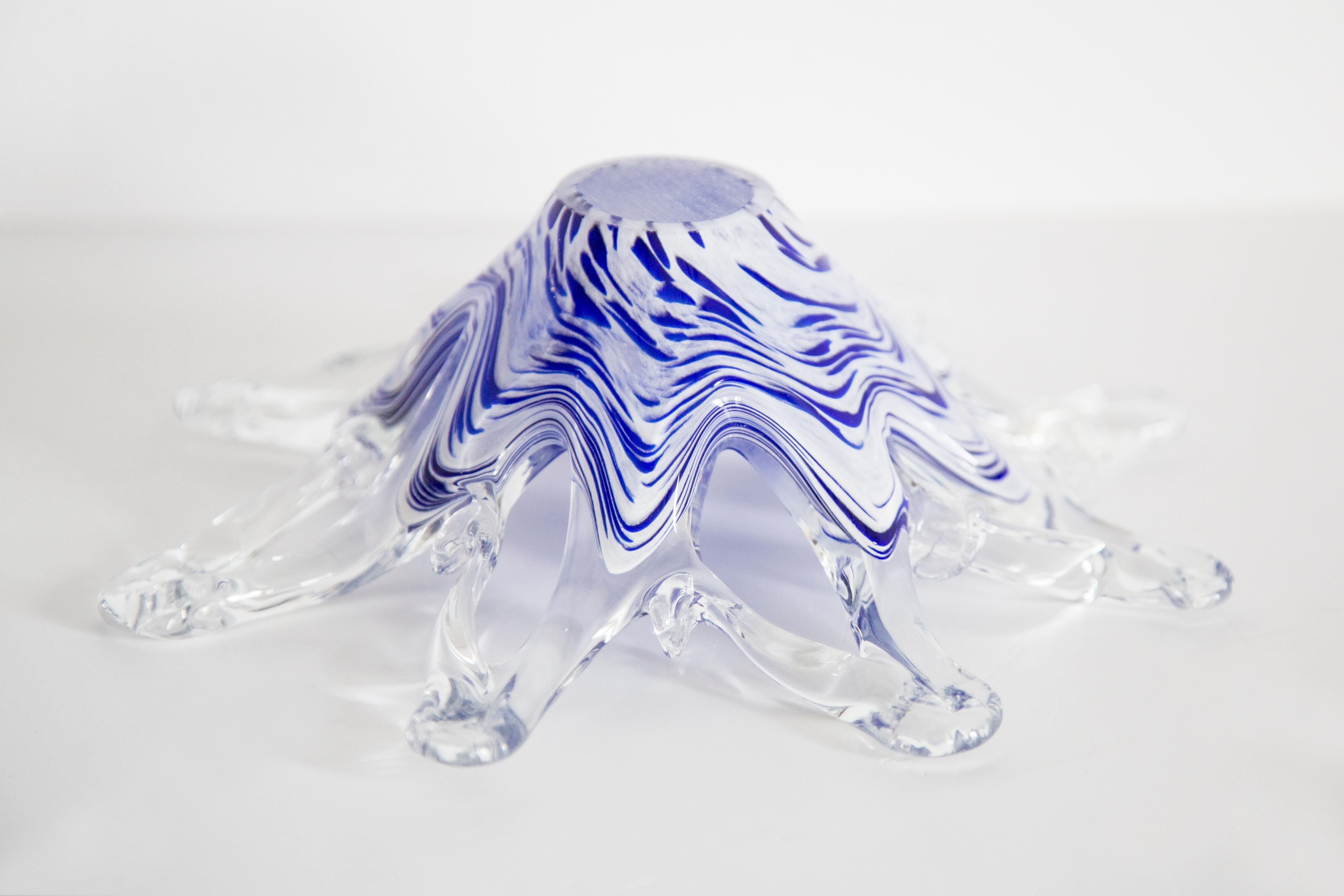 Mid Century Murano Transparent Blue and White Glass Bowl Ashtray, Italy, 1970s 6