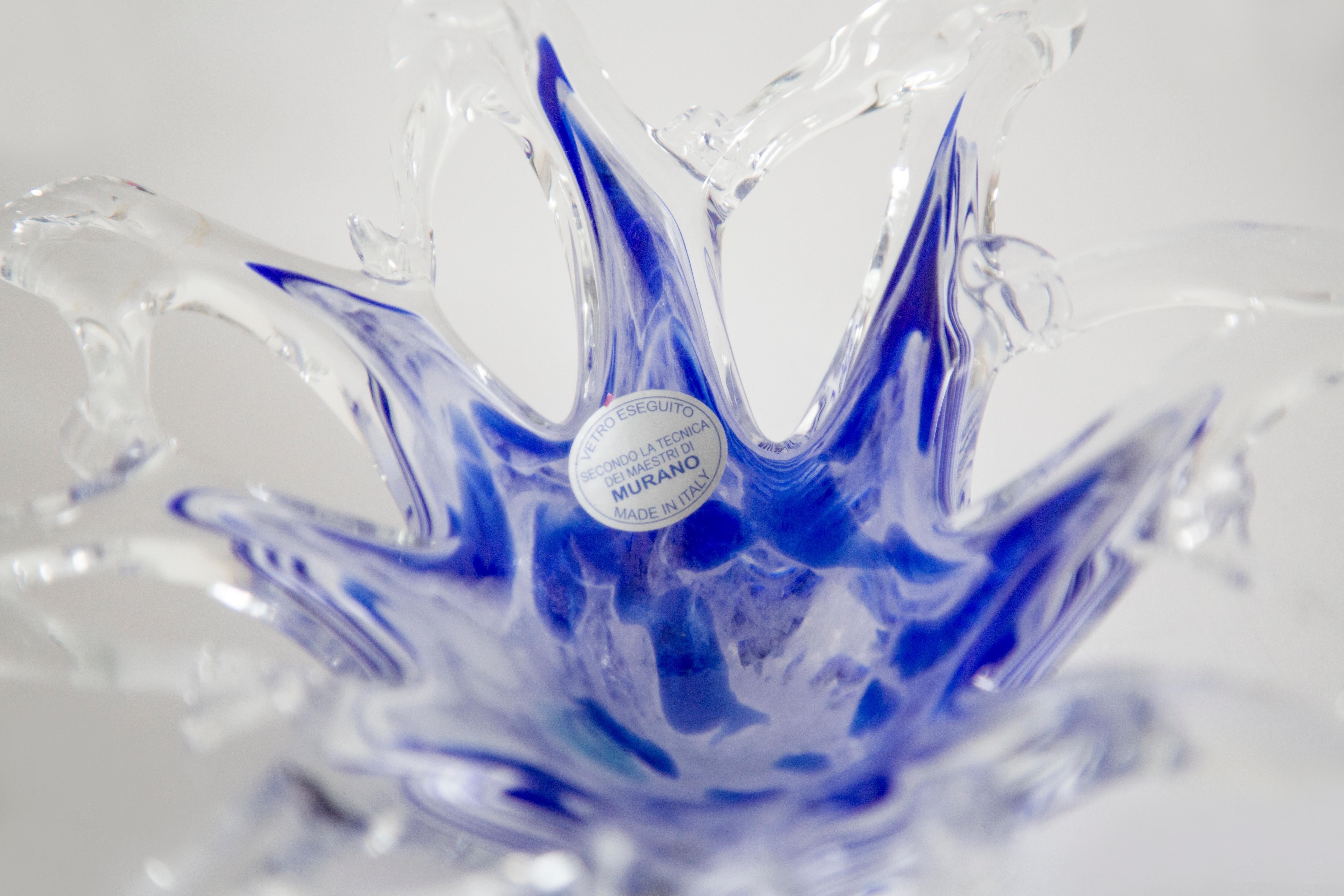 Mid Century Murano Transparent Blue and White Glass Bowl Ashtray, Italy, 1970s 10
