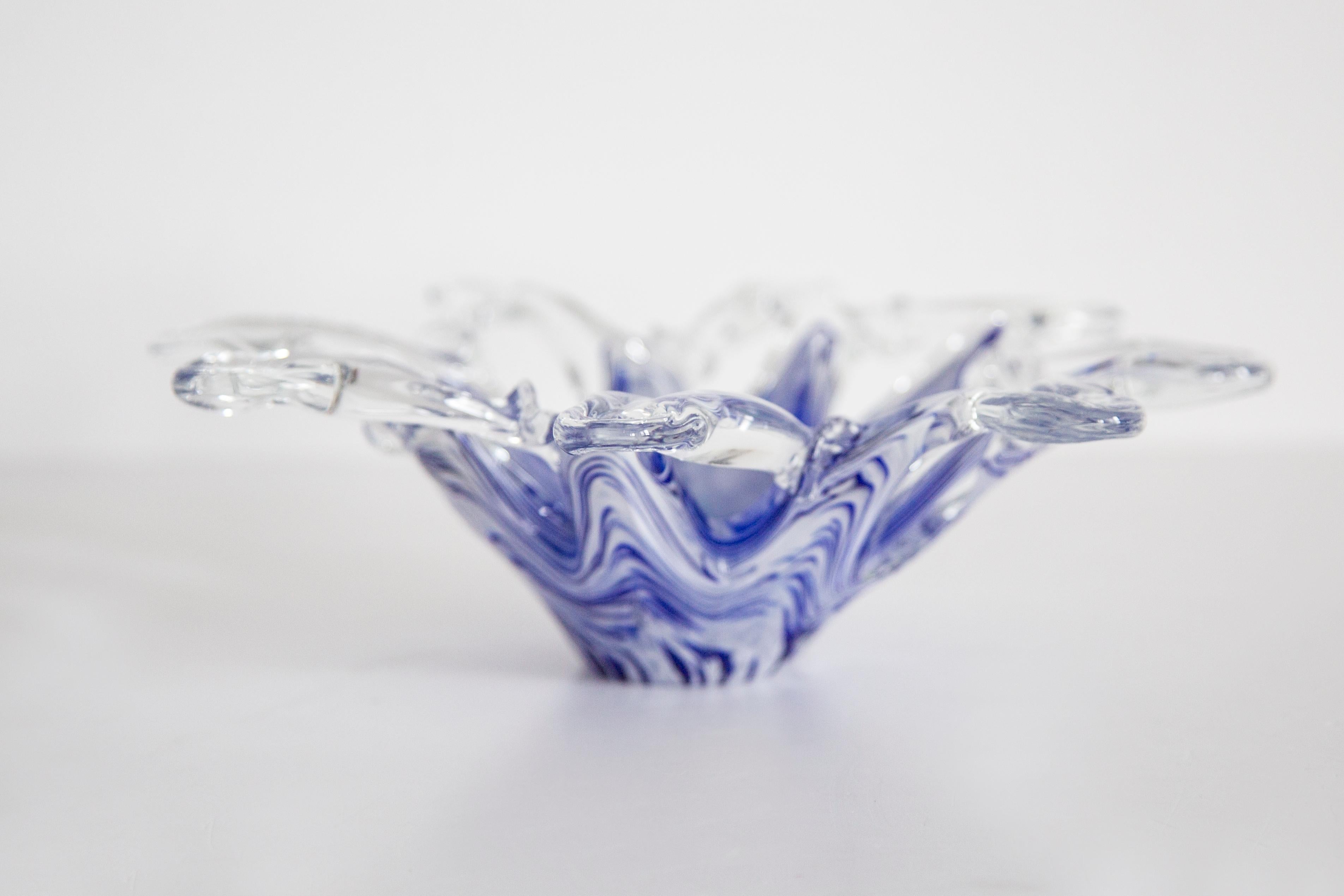 20th Century Mid Century Murano Transparent Blue and White Glass Bowl Ashtray, Italy, 1970s