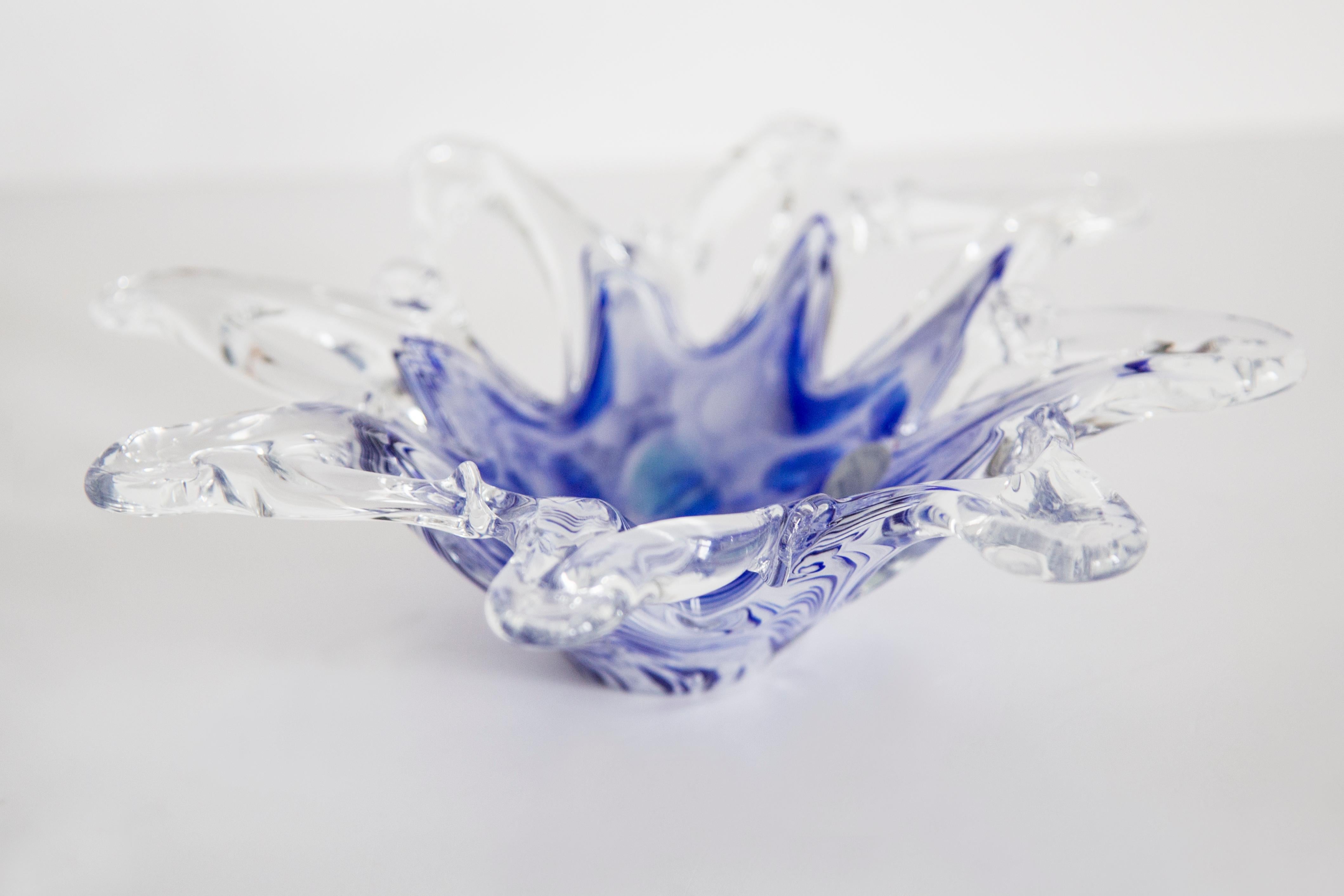 Mid Century Murano Transparent Blue and White Glass Bowl Ashtray, Italy, 1970s 2