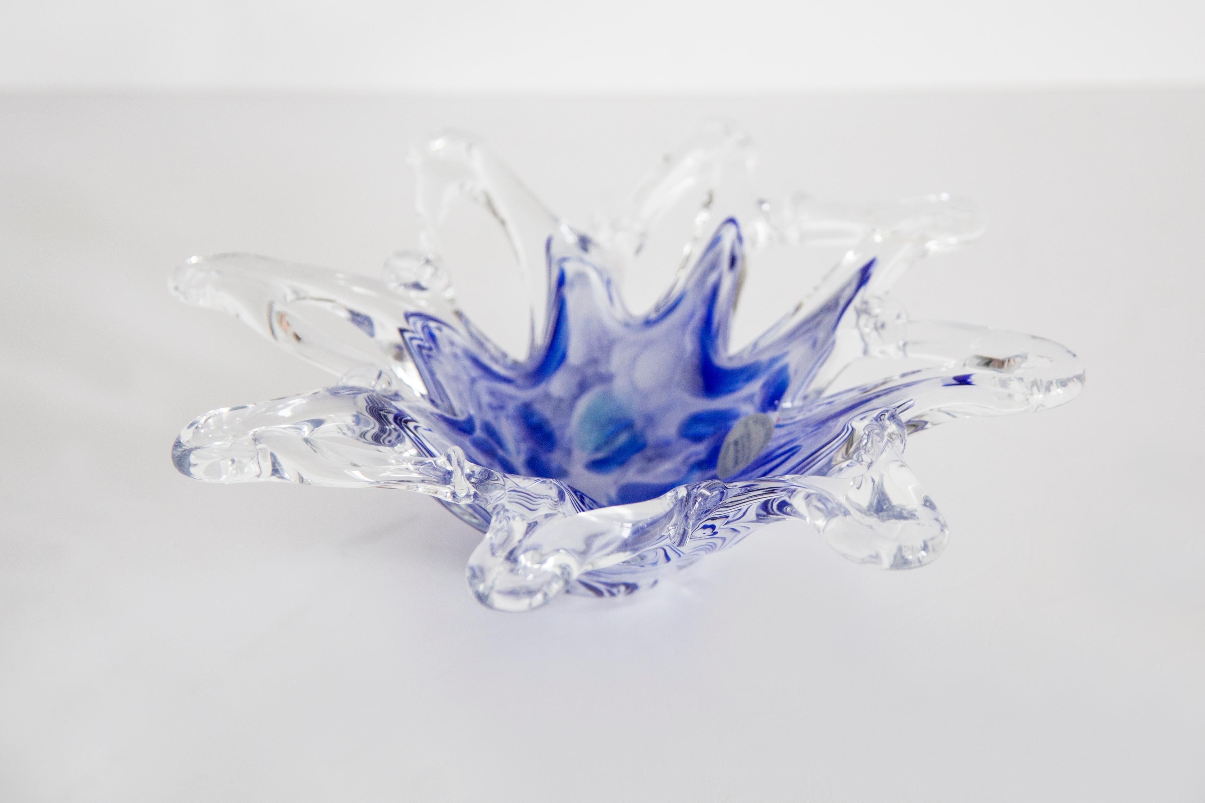 Mid Century Murano Transparent Blue and White Glass Bowl Ashtray, Italy, 1970s 3