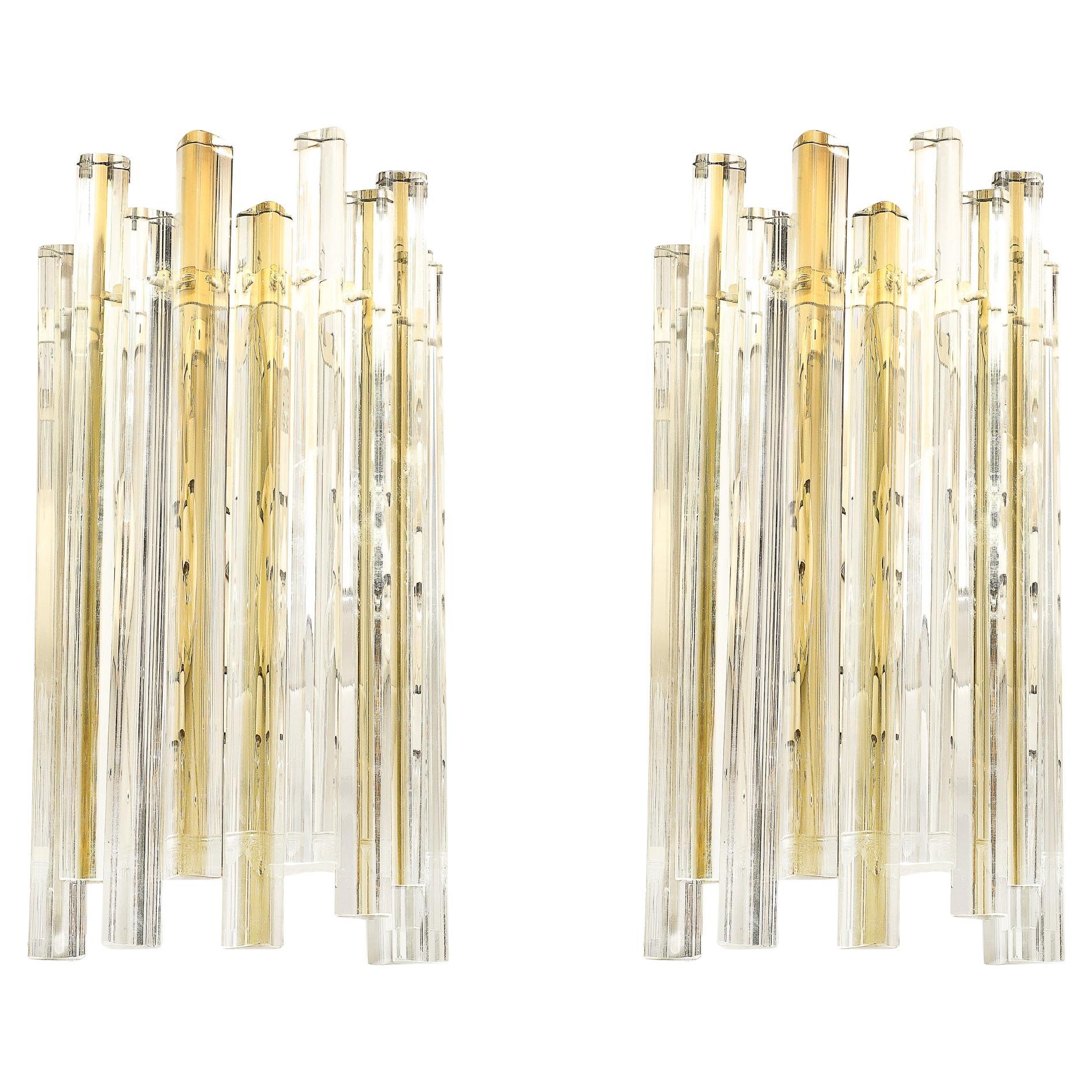 Mid-Century Murano Triedre Smoked Amber & Clear Glass Sconces by Venini