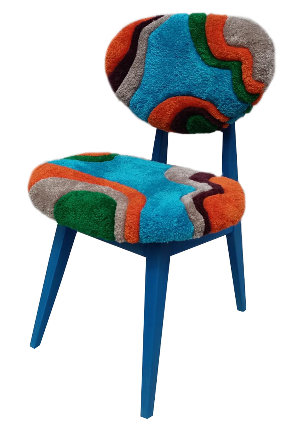 Silla Seta de Mitad de Siglo, Tufting a Mano Lana Azul Verde Naranja, Europa, Años 60 Hecho a mano en venta