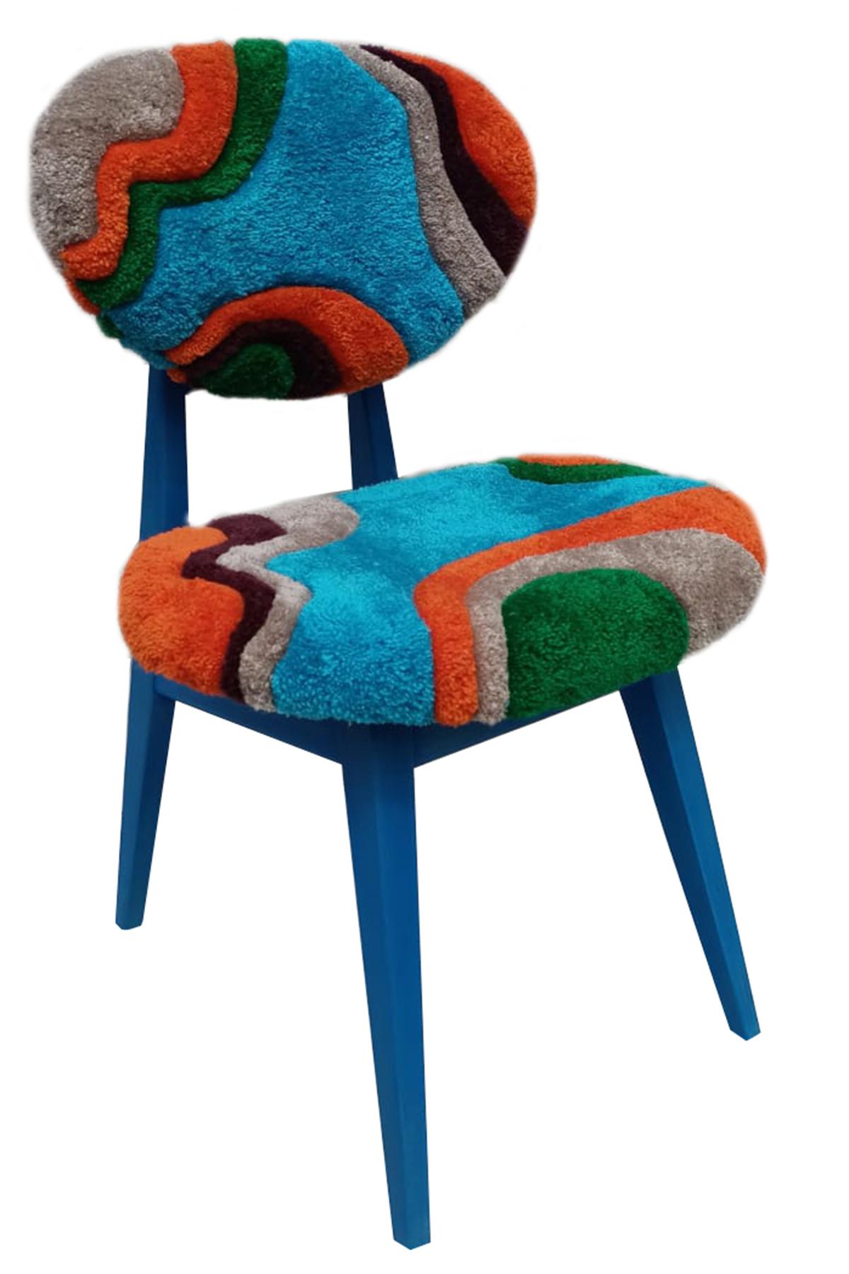 Silla Seta de Mitad de Siglo, Tufting a Mano Lana Azul Verde Naranja, Europa, Años 60 siglo XX en venta