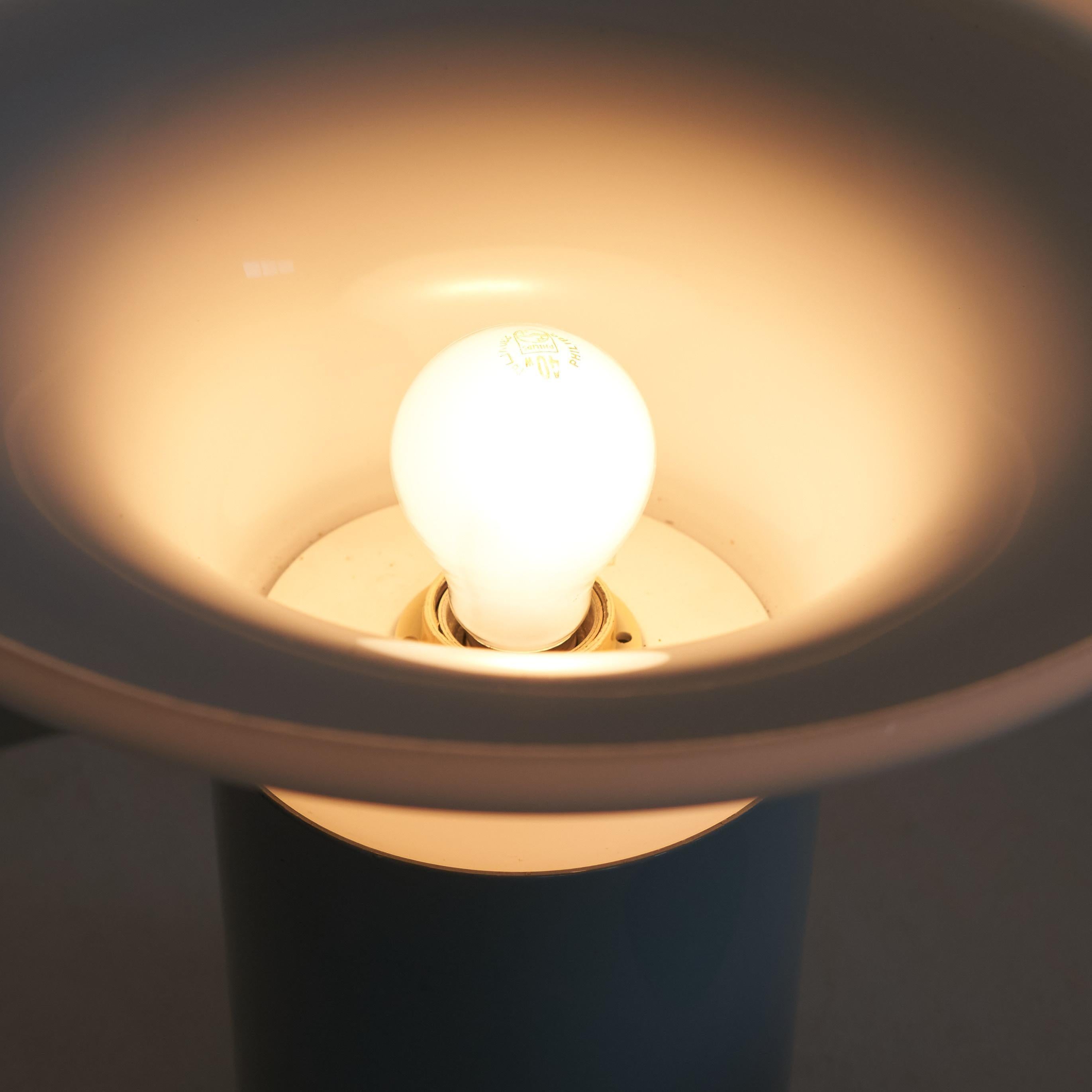 Mid Century Mushroom Table Lamp in Light Blue Metal and Opaline Glass 1960s For Sale 4