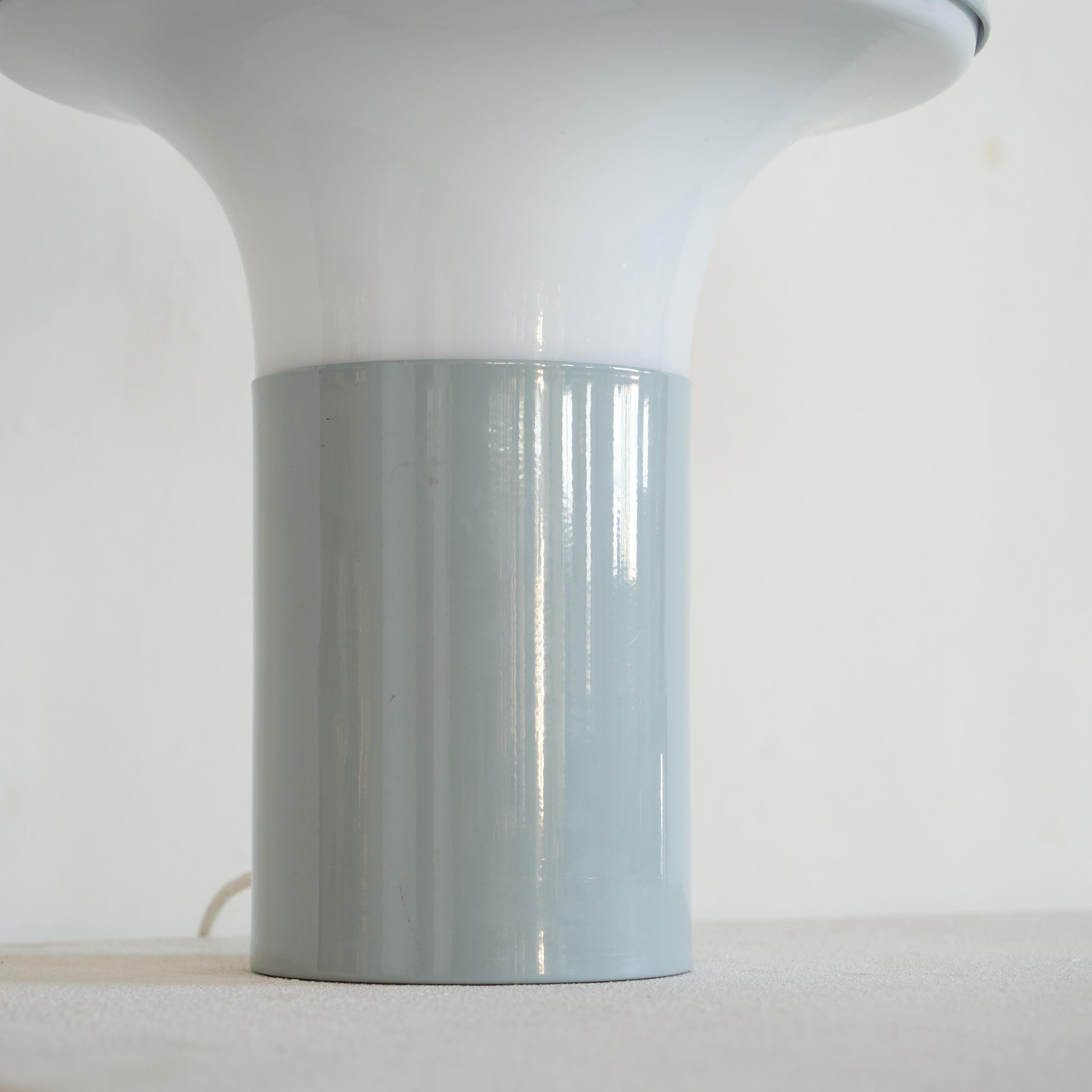 Mid-Century Modern Mid Century Mushroom Table Lamp in Light Blue Metal and Opaline Glass 1960s For Sale