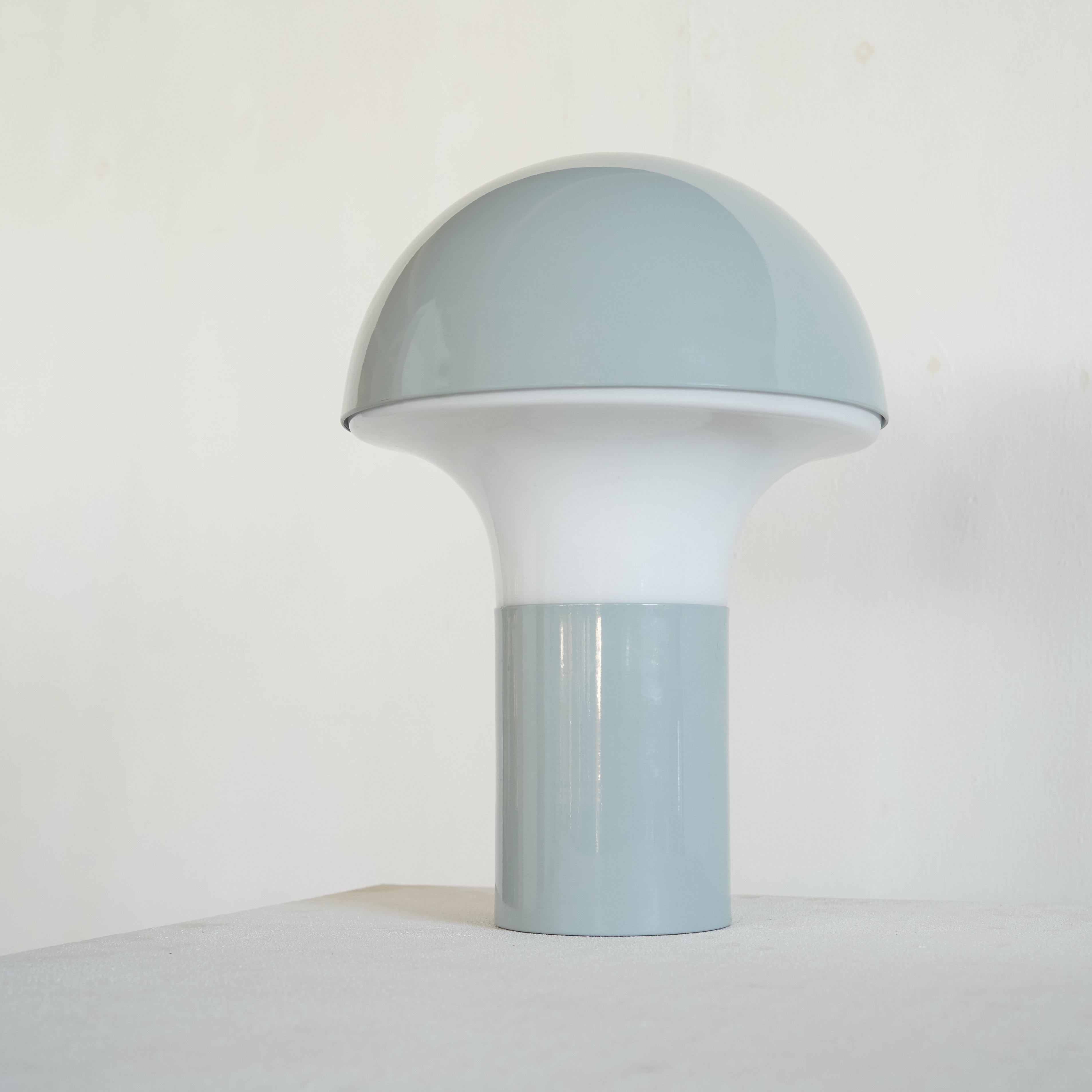 Mid Century Mushroom Table Lamp in Light Blue Metal and Opaline Glass 1960s In Good Condition For Sale In Tilburg, NL