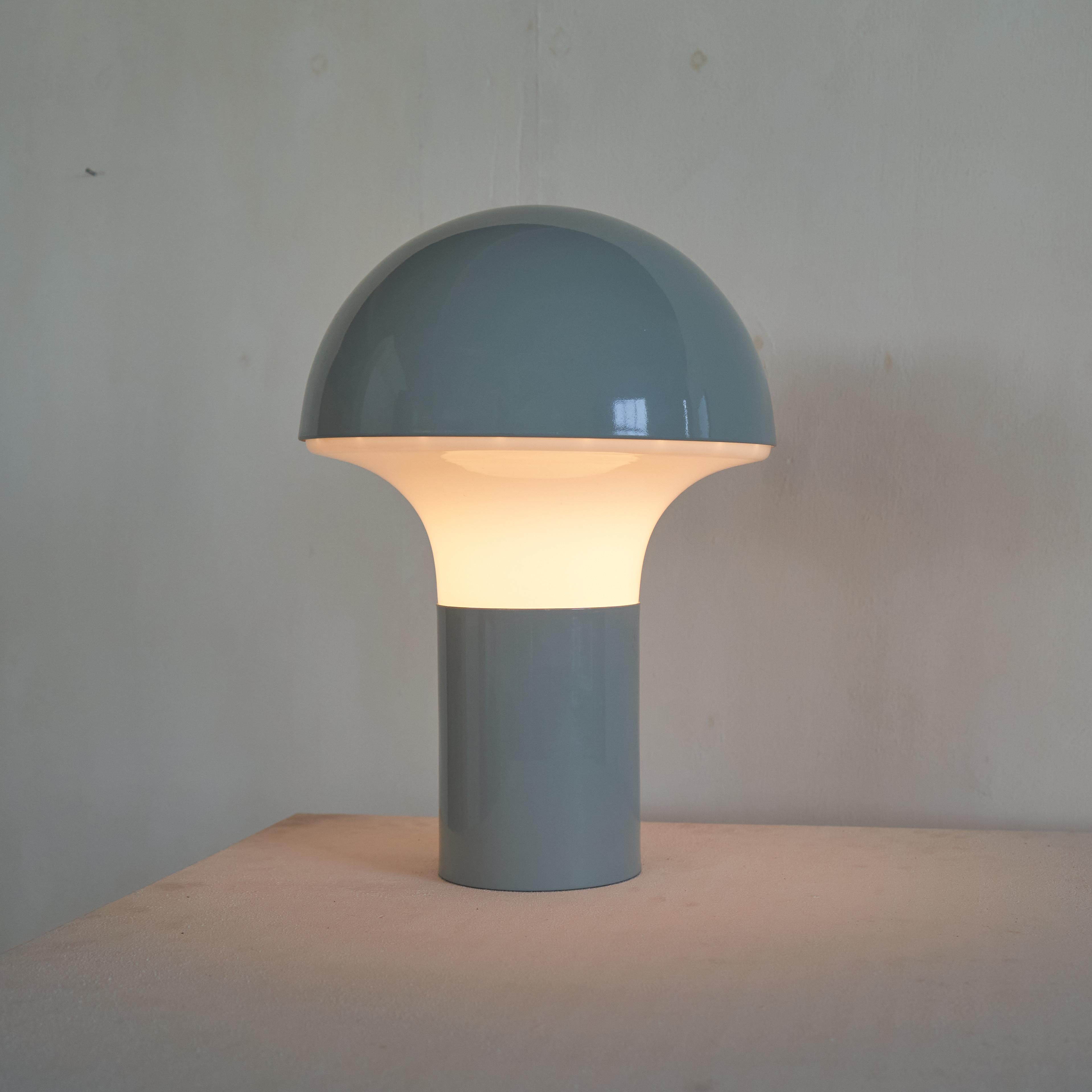 20th Century Mid Century Mushroom Table Lamp in Light Blue Metal and Opaline Glass 1960s For Sale