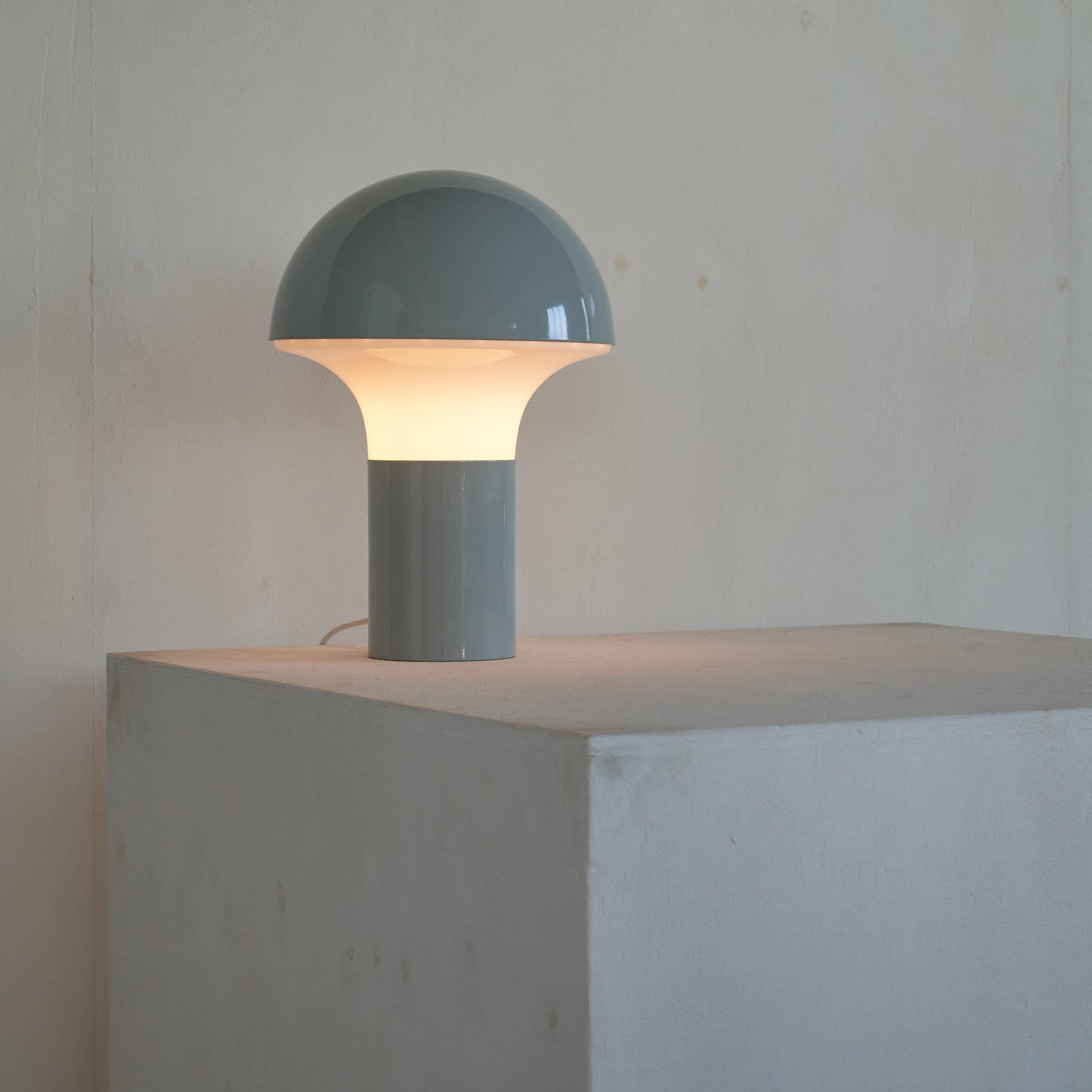Mid Century Mushroom Table Lamp in Light Blue Metal and Opaline Glass 1960s For Sale 1