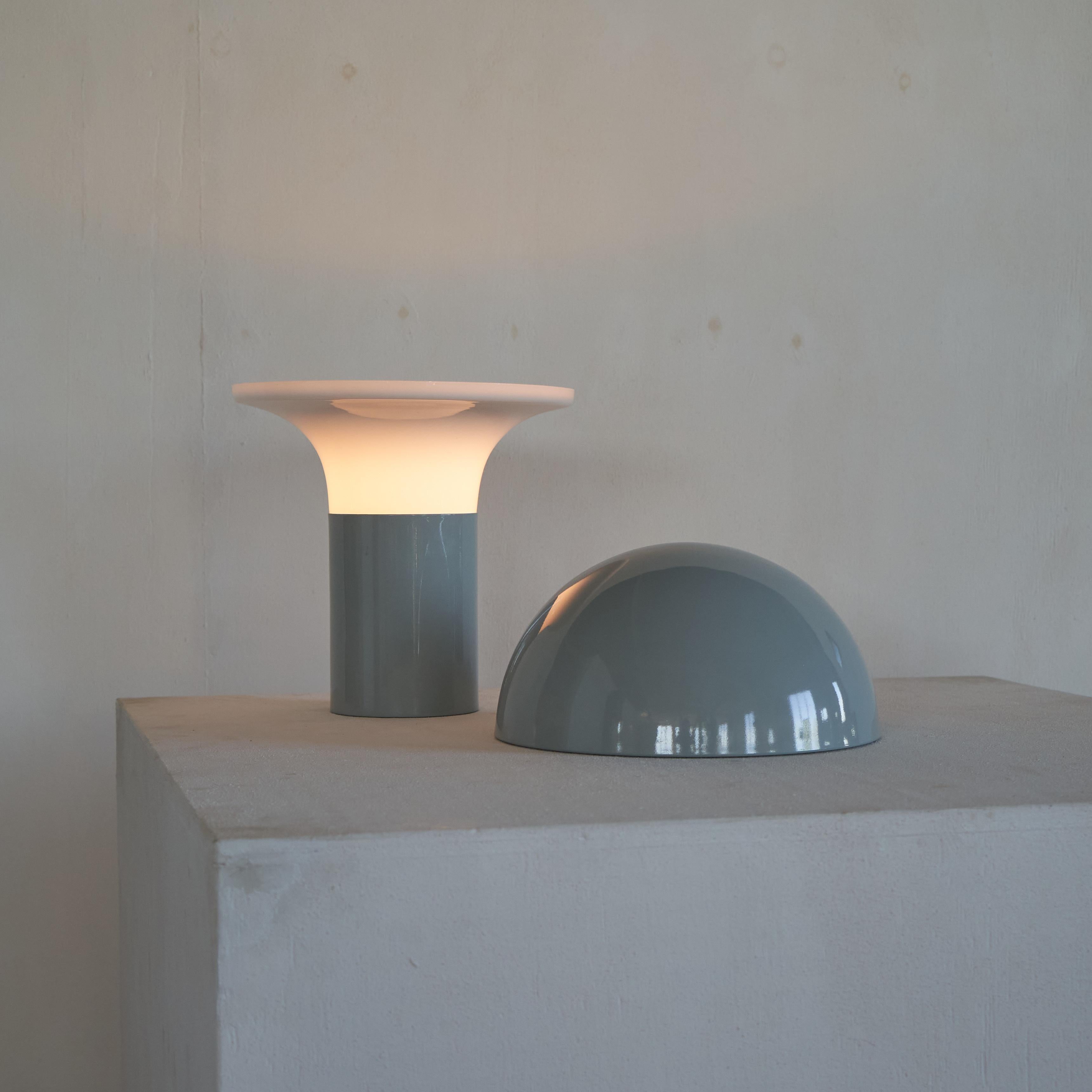 Mid Century Mushroom Table Lamp in Light Blue Metal and Opaline Glass 1960s For Sale 2