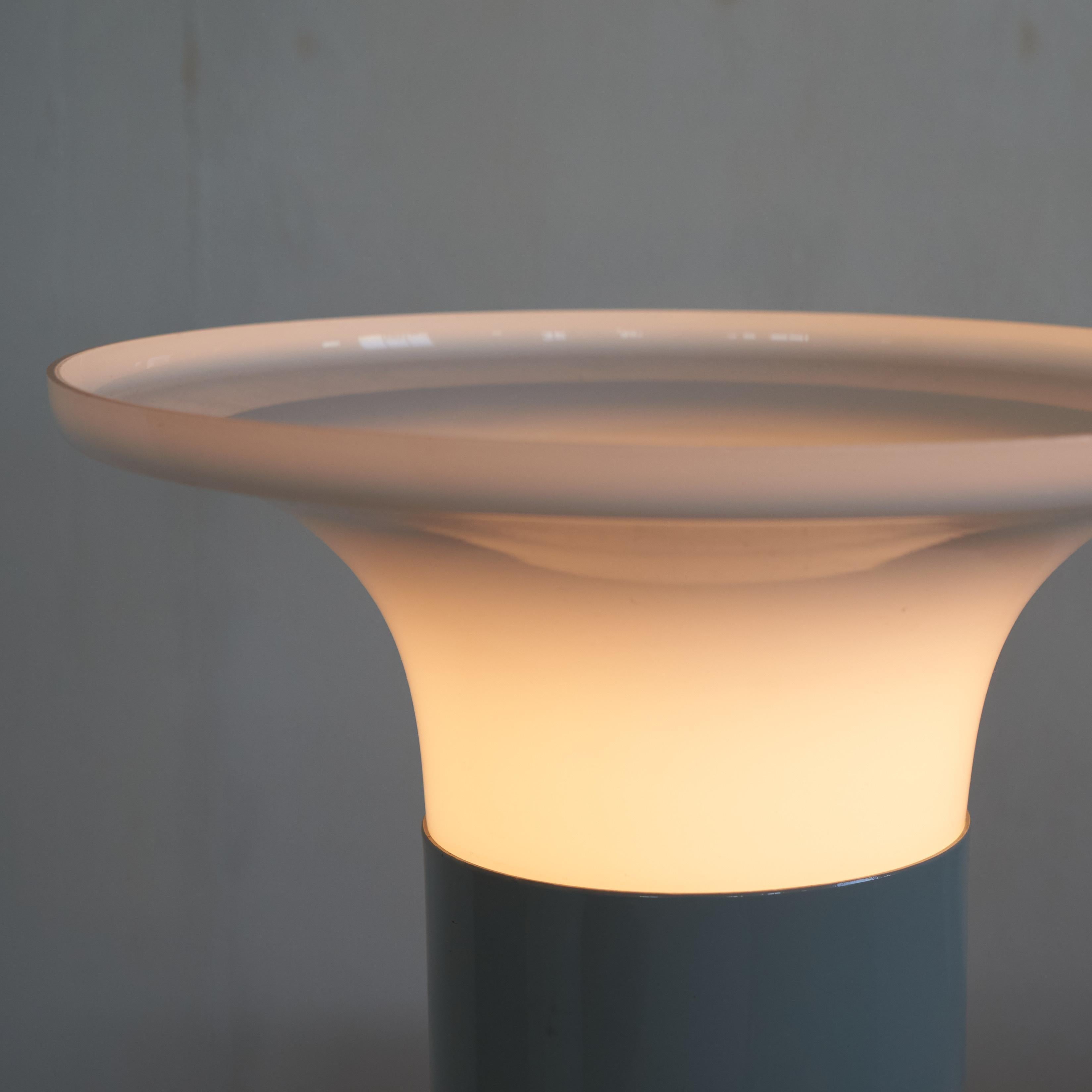 Mid Century Mushroom Table Lamp in Light Blue Metal and Opaline Glass 1960s For Sale 3