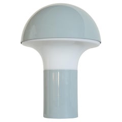 Mid Century Mushroom Table Lamp in Light Blue Metal and Opaline Glass 1960s