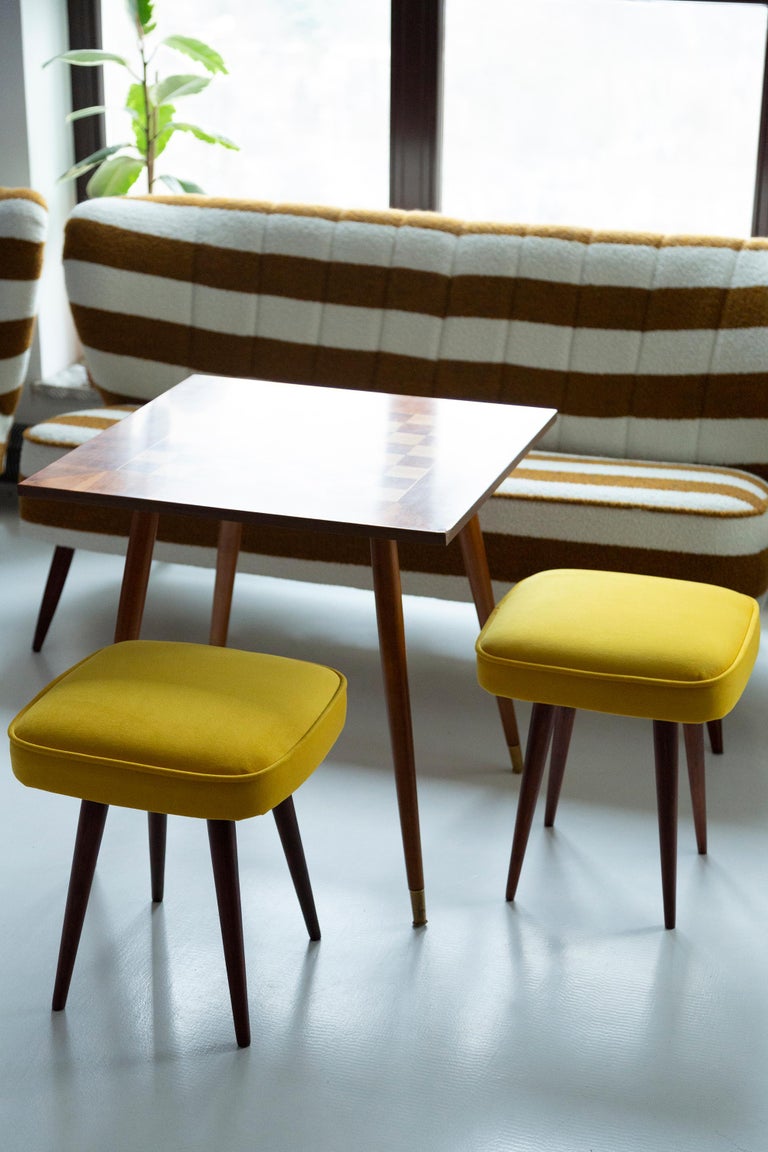 MidCentury Mustard Yellow Velvet Foot Stool, Poland, 1960s For Sale at